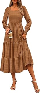 CFLONGE Women's Fall Dresses 2025 Puff Long Sleeve Square Neck Dress High Waist Smocked