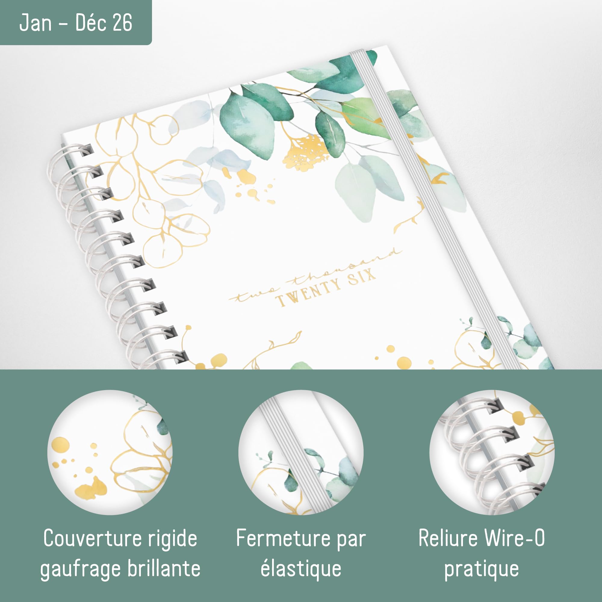 Häfft® Calendrier international 2026 A5 Feuille d´or reliure spirale EN/FR/IT/ES agenda personnel life planner durable