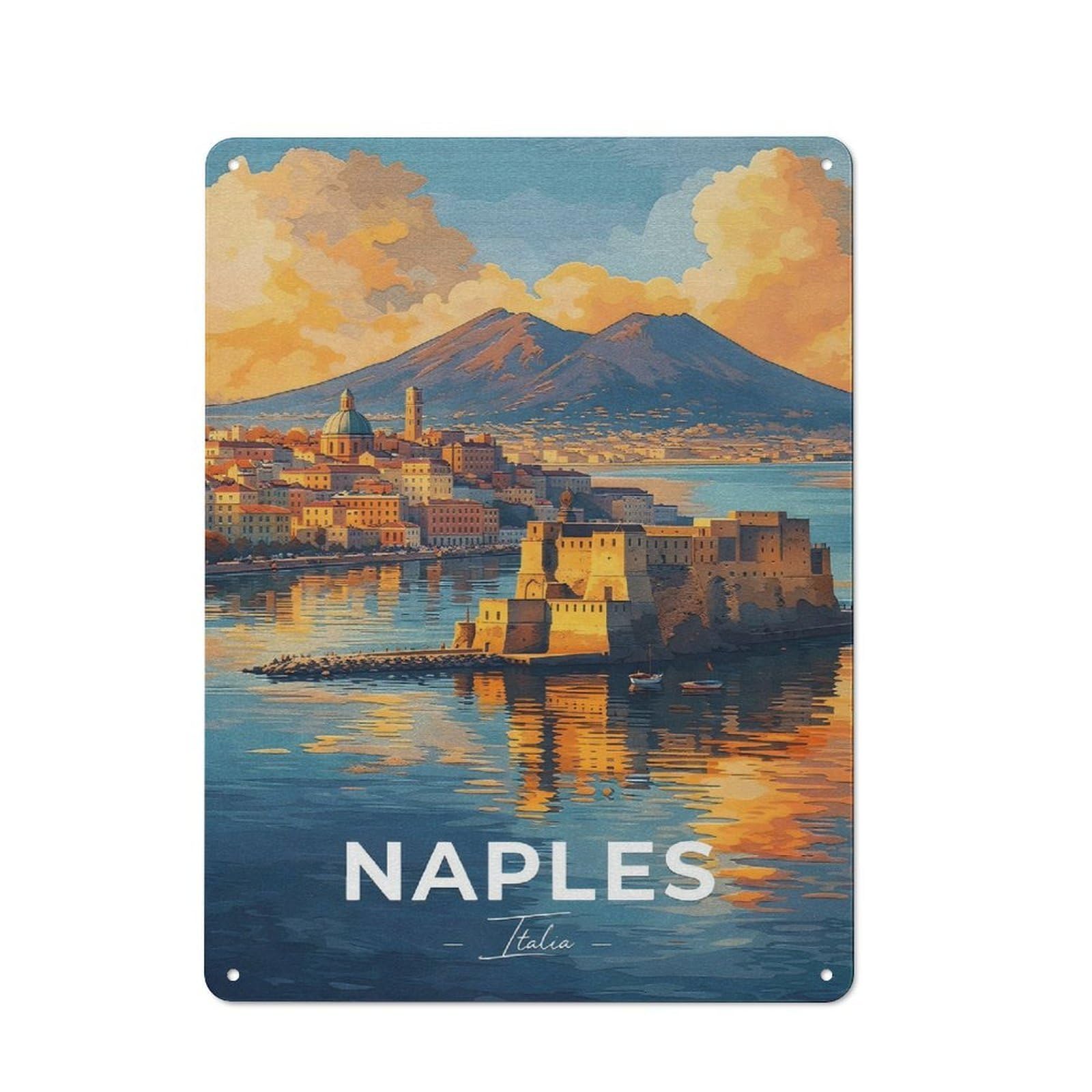 Junmoney Style-20 Metal Wall Sign 40X30cm Featuring Naples Italy Cityscape With Mount Vesuvius For Café Or Home Bar, For Collectors Decorating Cafés And Home Bars