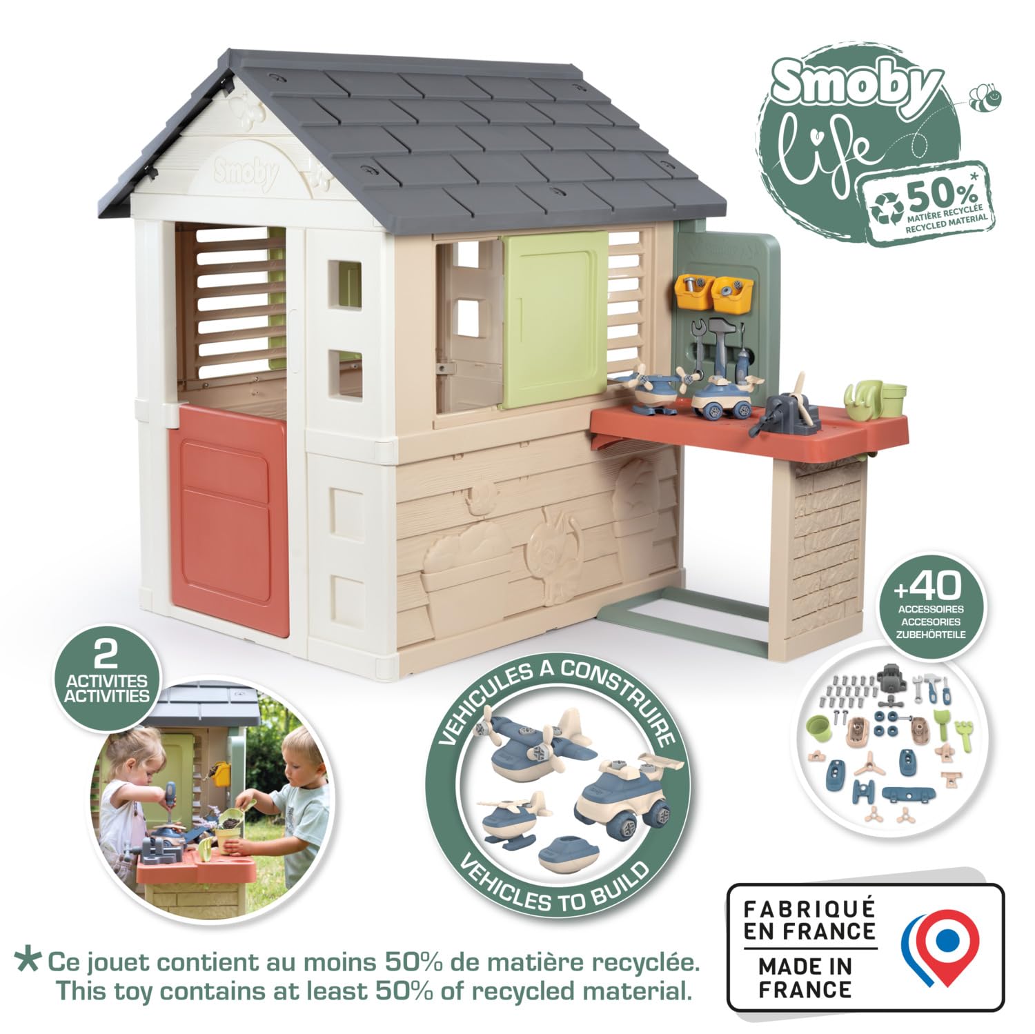 Smoby Life - Casa de la Naturaleza + Taller DIY - Numerosos Accesorios: Martillo, Destornillador, vehículo para Construir, etc. - Materiales reciclados - A Partir de 2 años - Fabricado en Francia