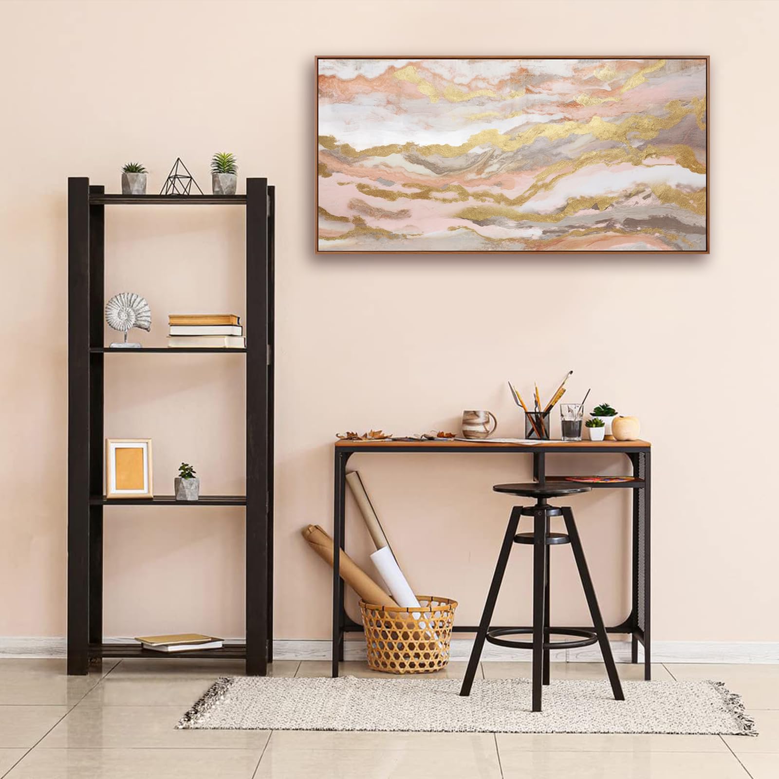 YJYart Pink Wall Decor Abstract Wall Art Room Decor for Teen Girls Canvas Wall Art 20x40 Inch Gold Line White Pictures Wall Decor Home Decor