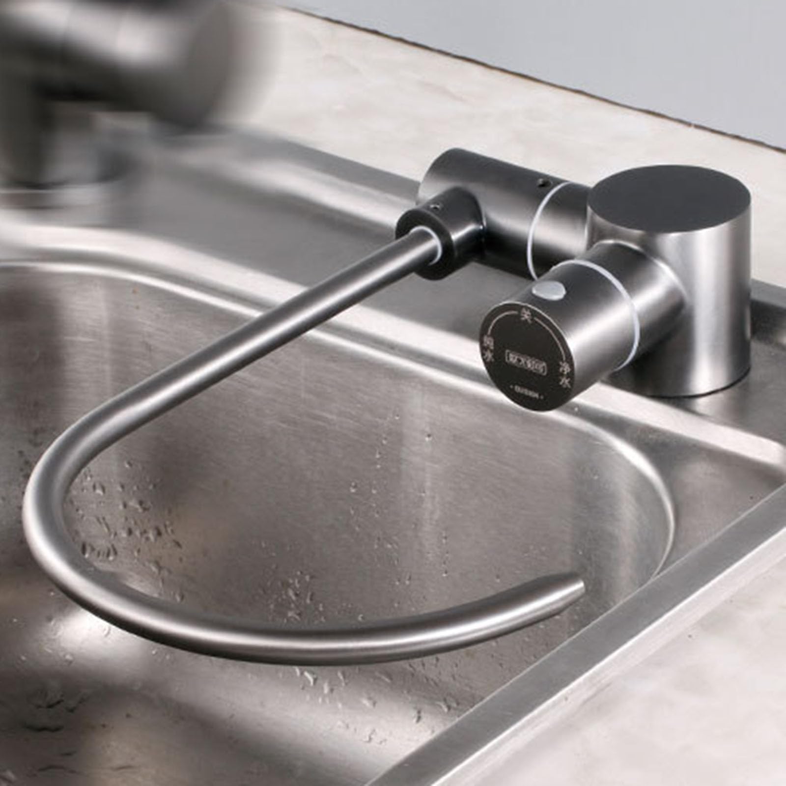 Grifo de cocina de ósmosis dual giratorio de 360°, cuello de cisne de acero inoxidable, purificación de agua, diseño abatible, acabado gris potable, conexión de 1/4 pulgadas