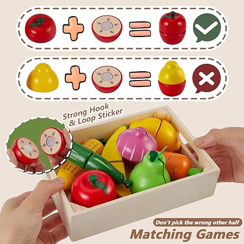 Miniatura 5 de HERSITY Juego de comida de madera para cortar frutas y verduras para niños pequeños de 1 a 3 años, accesorios de cocina Montessori, juguetes