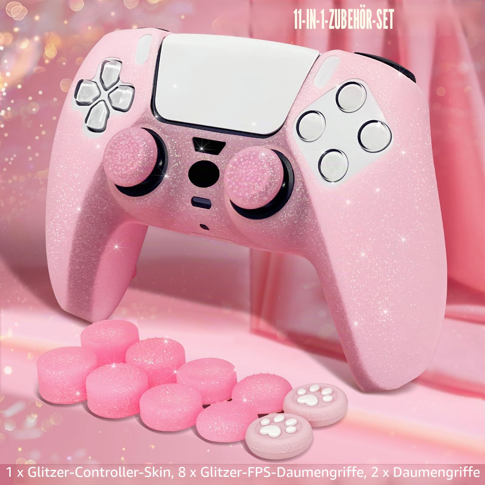 HLRAO rutschfeste Silikon-Schutzhülle mit Glitzer, kompatibel mit PS5/Slim/Pro Controller, 8 Stück Glitzer-Daumengriffkappen und 2 Griffkappen.
