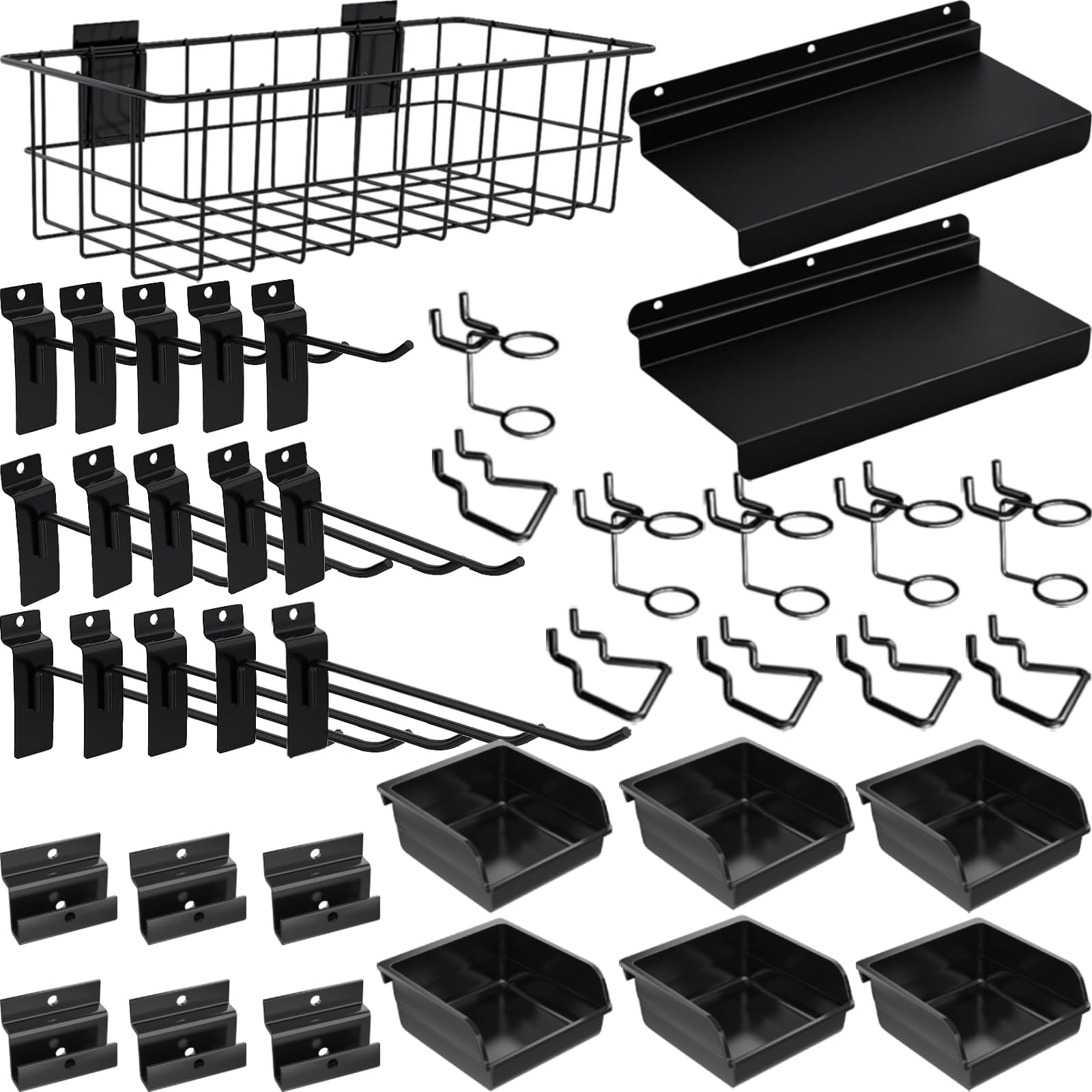 BeapTcely 40 Pcs Slatwall Accessories Set - Includes Metal Wire Baskets, Storage Bins, Hooks, Screwdriver Holders and Shelves for Garage and Room