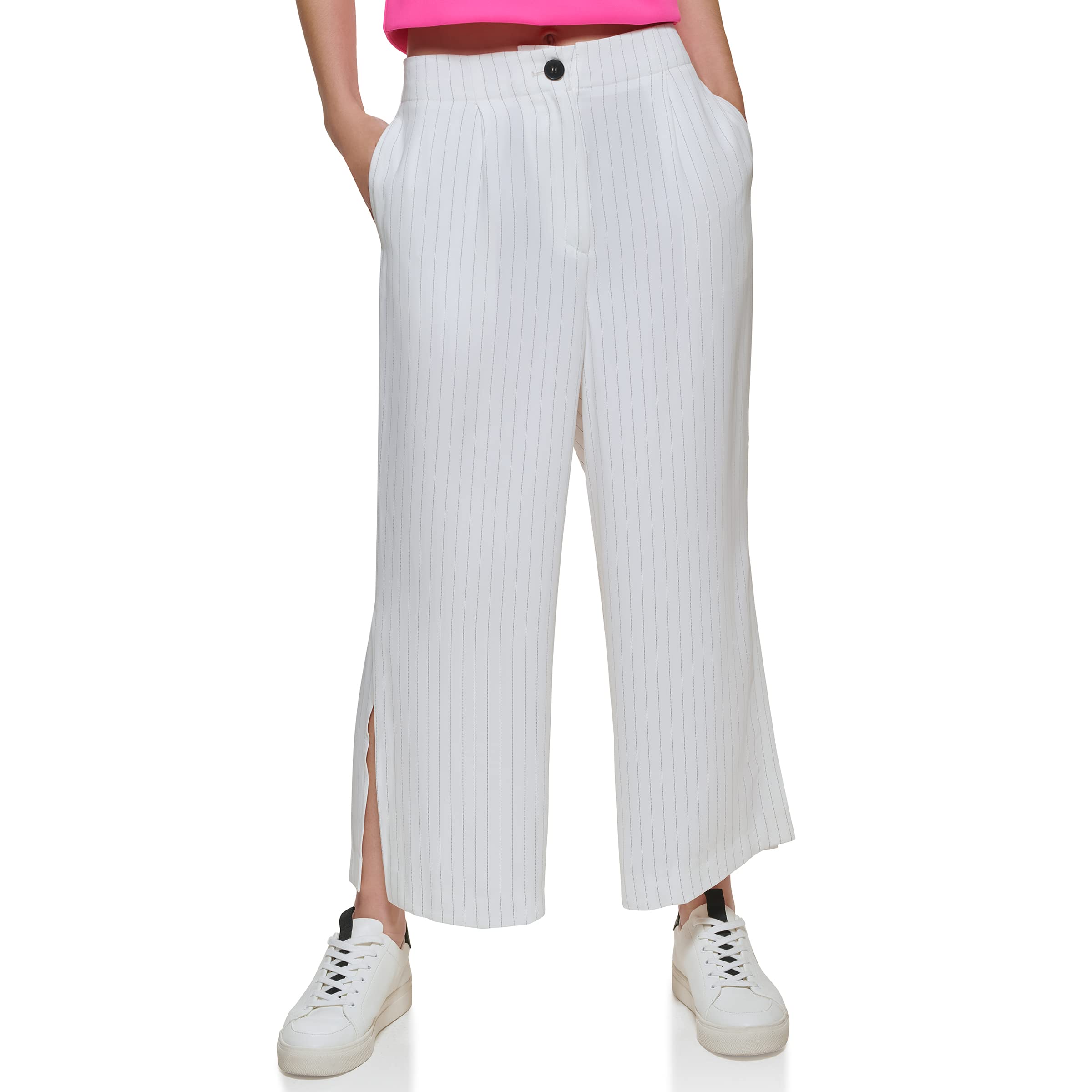 DKNY Womens Cropped Side Slit Pin-Stripe Pant