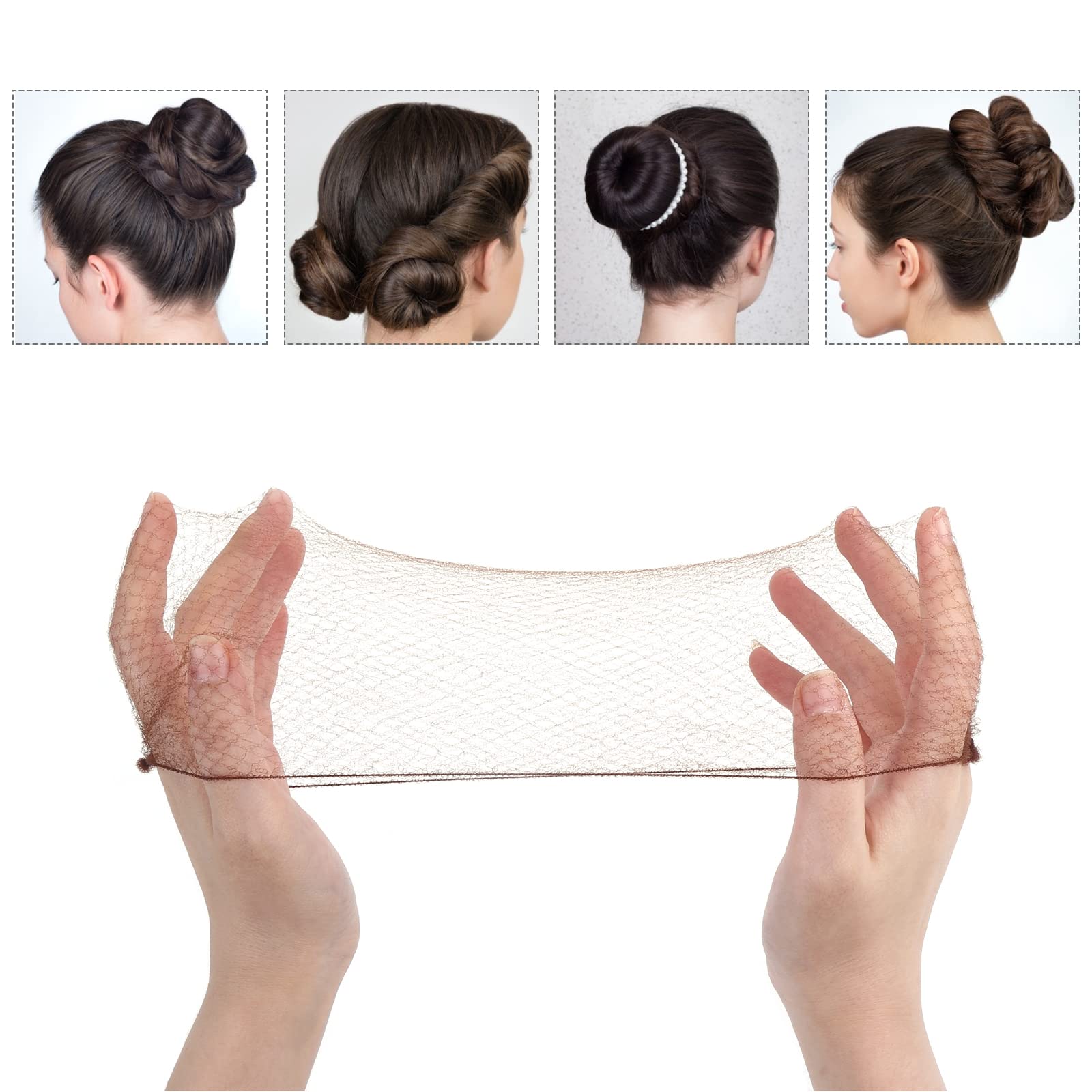 Prasacco Redes para moño, paquete individual, 20 unidades, redes invisibles para el cabello de 20 pulgadas, reutilizables, de nailon, malla invisible con borde elástico, para moño de ballet, peluca de