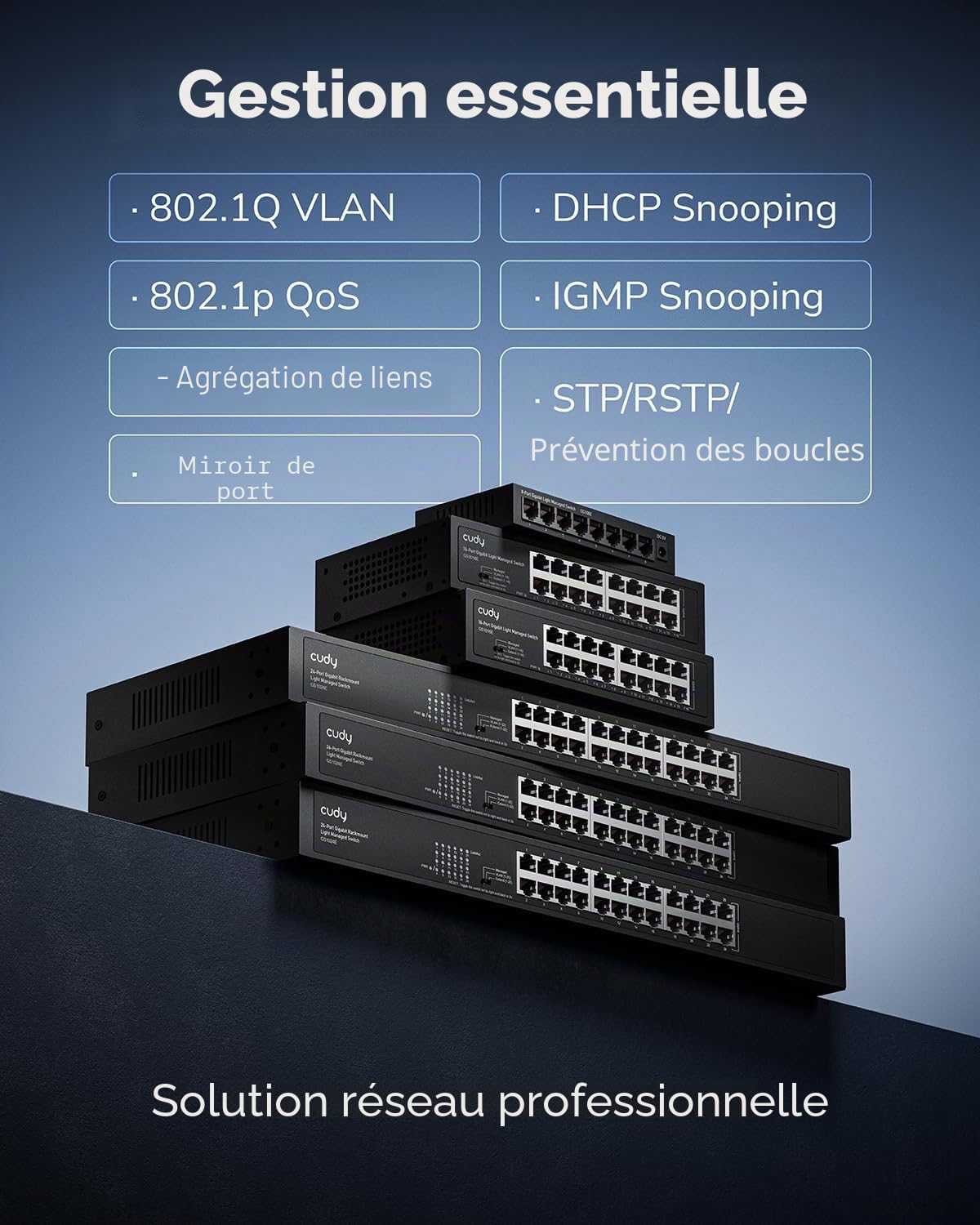 Cudy Commutateur Intelligent Gigabit à 16 Ports, 32 Gbit/s, GS1016E | 16 ports GbE, transfert à débit de ligne, isolation des ports/mode 250 m, boîtier SPCC, 200 × 118 × 44 mm, profe