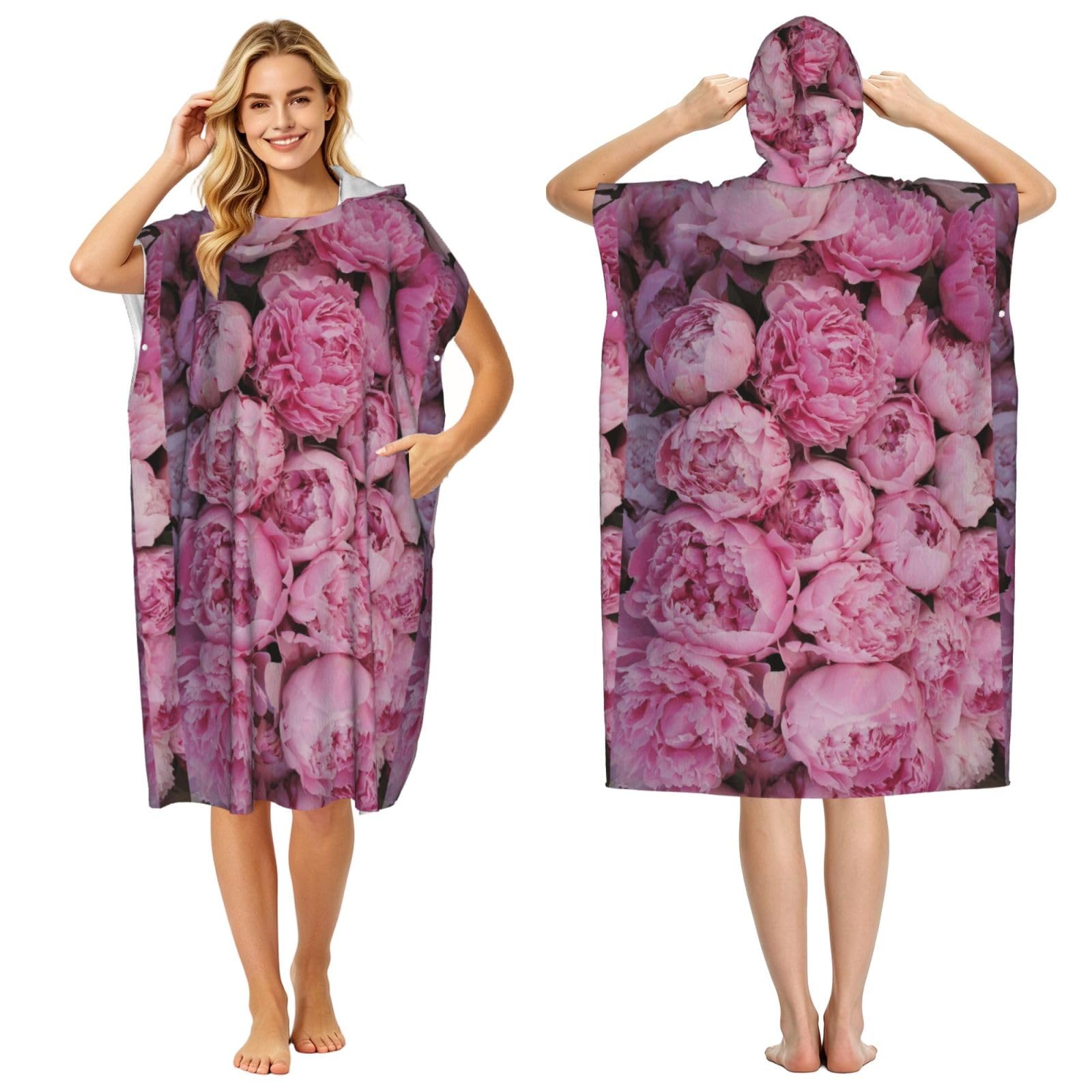 Poadnly Pink Peony, Adult Hooded Beach Towel 90 x 110 cm,Changing Bath Robe, Surf Poncho Towel For Women Men