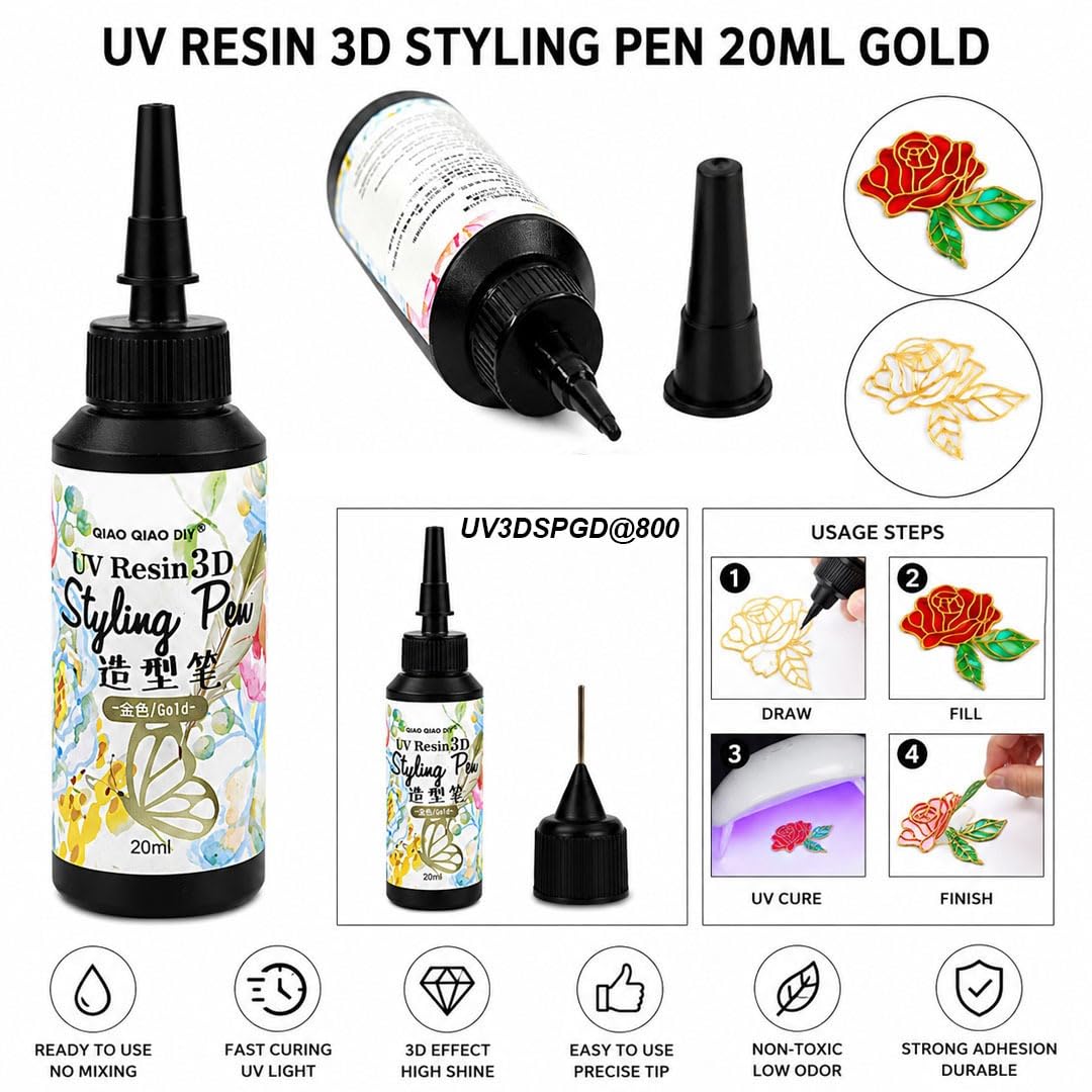 PIXORA UV Resin 3D Styling Pen, UV Resin Glue with Precision Nozzle, Fast UV Cure for DIY Crafts, Jewelry Making, Nail Art, Keychains & Resin Projects, 20ml (Gold)