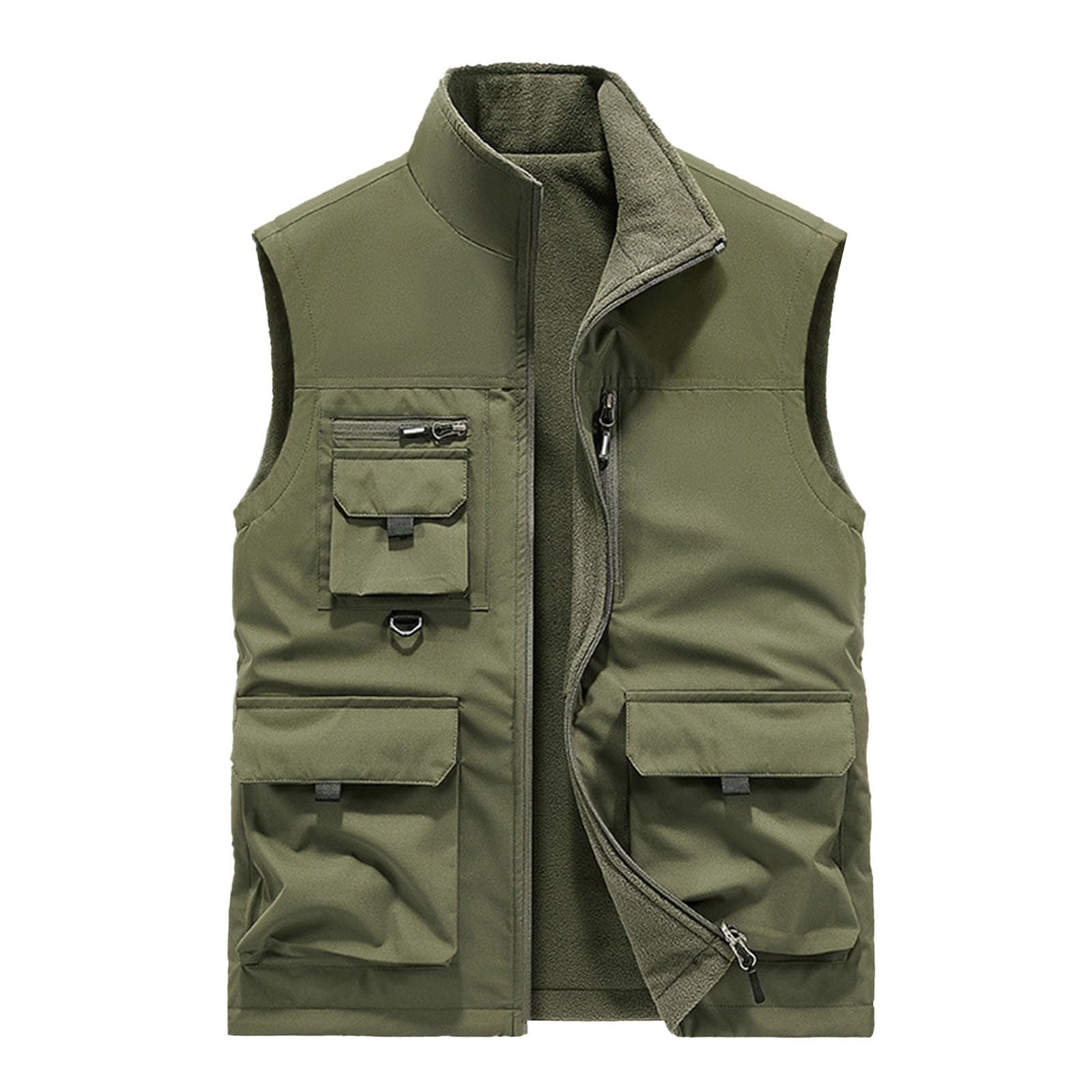 Generisch Gilet d'hiver doublé pour homme - Gilet d'extérieur chaud en polaire avec plusieurs poches - Doublure polaire - Col montant - Veste sans manches - Couleur unie - Gilet de loisirs épais