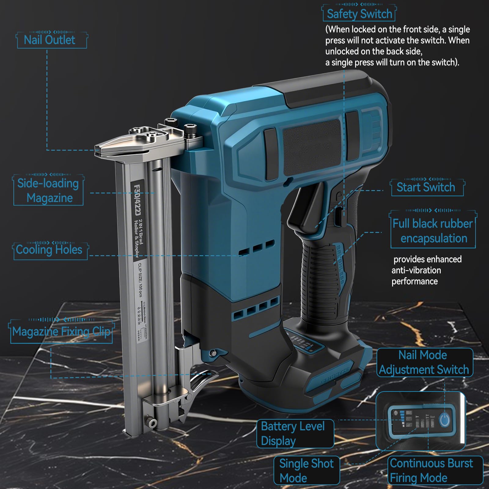 Chiodatrice Brad senza fili per batteria Makita da 18V, Pistola sparachiodi e punti metallici senza fili 2-in-1, Chiodatrice a batteria da 18GA con 1000 chiodi e 1000 punti metallici per miglioramento