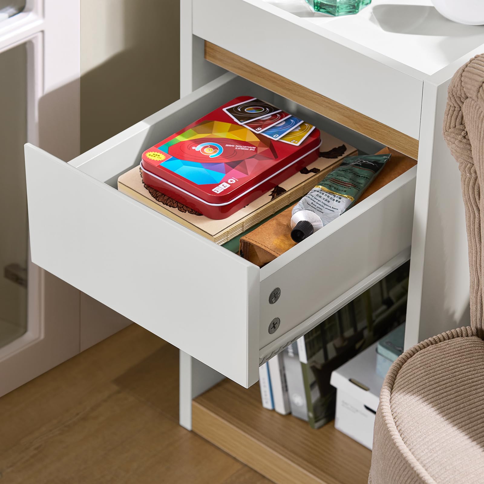 SoBuy stolik nocny Boxspring Sofa stolik nocny szafka nocna stolik pomocniczy wąski stolik pod telefon szafka nocna, kolor biały, wym. ok. 30x55x35 cm FBT137-W