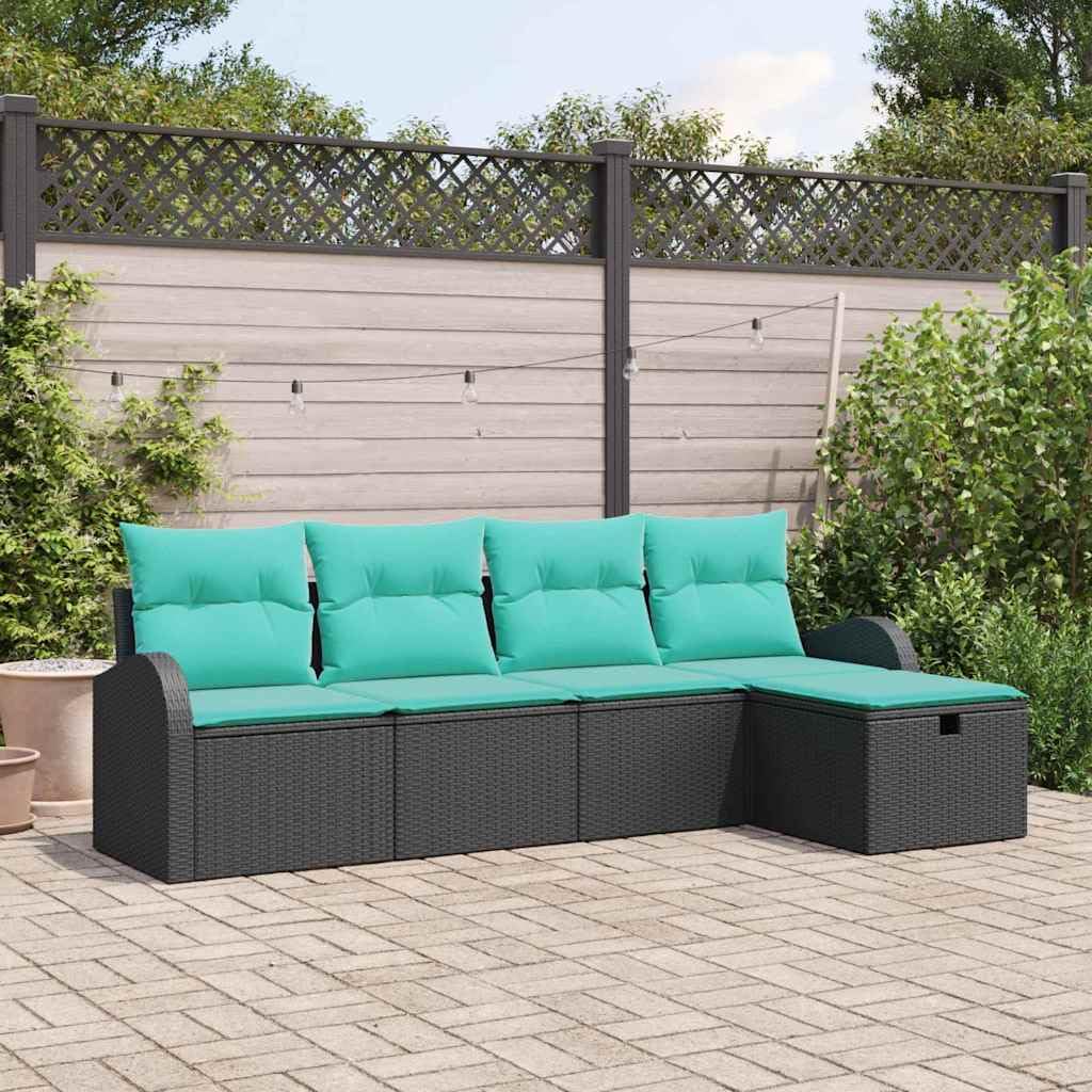 5-Piece Outdoor Sofa Set with Cushions in Black and Turquoise Poly Rattan, Modern Patio Furniture with Storage and Ergonomic Armrests for Garden Backyard