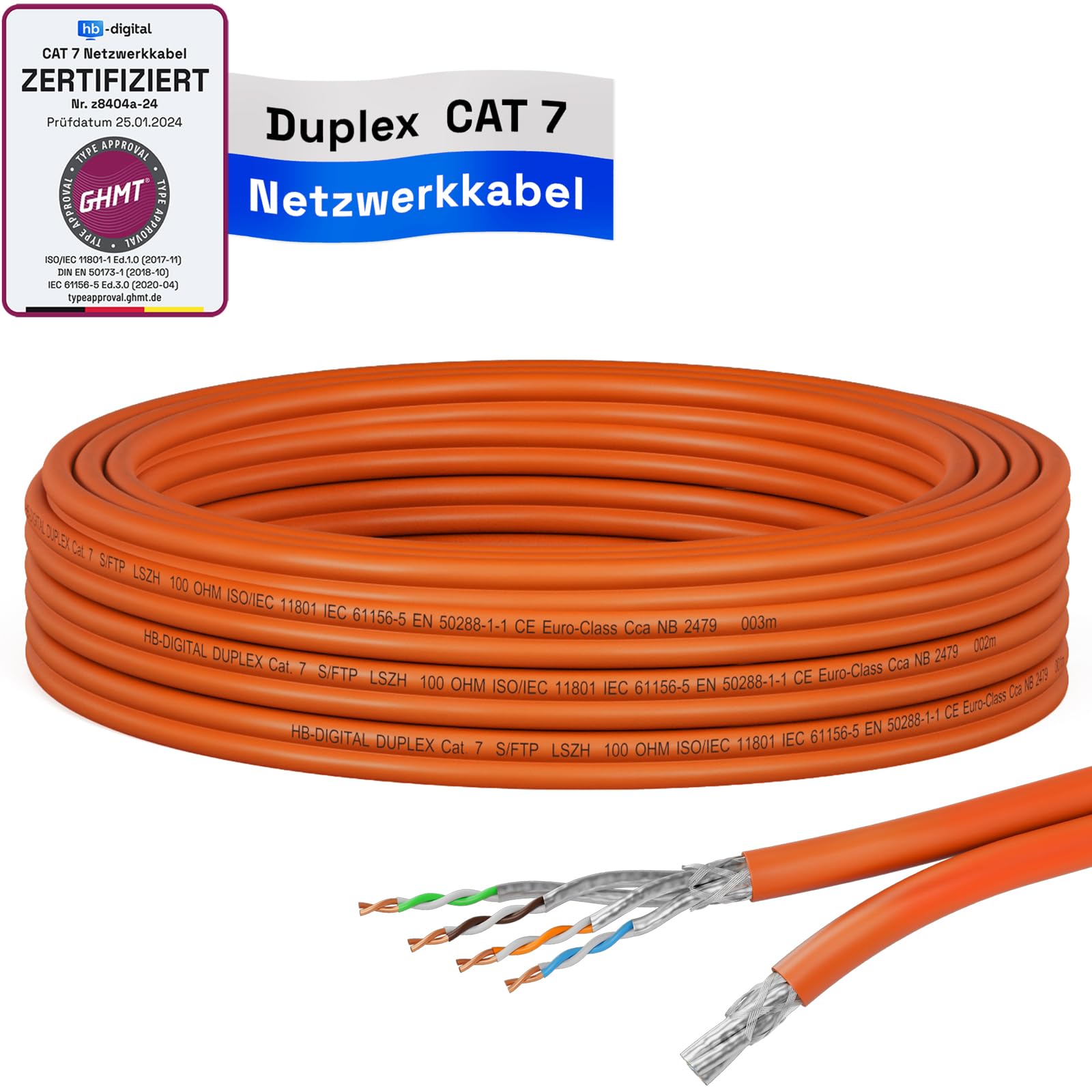 HB-DIGITAL 5m CAT 7 Netzwerkkabel LAN Kabel Verlegekabel Ethernet Installationskabel 10 Gbit/s AWG23 S/FTP - GHMT Zertifiziert - reines Kupfer LSZH BauPVO Klasse Cca Datenkabel Duplex - Orange