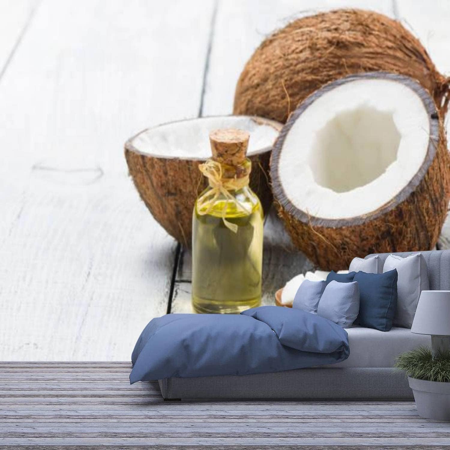 Papier peint panoramique noix de coco pour agrandir un salon sombre