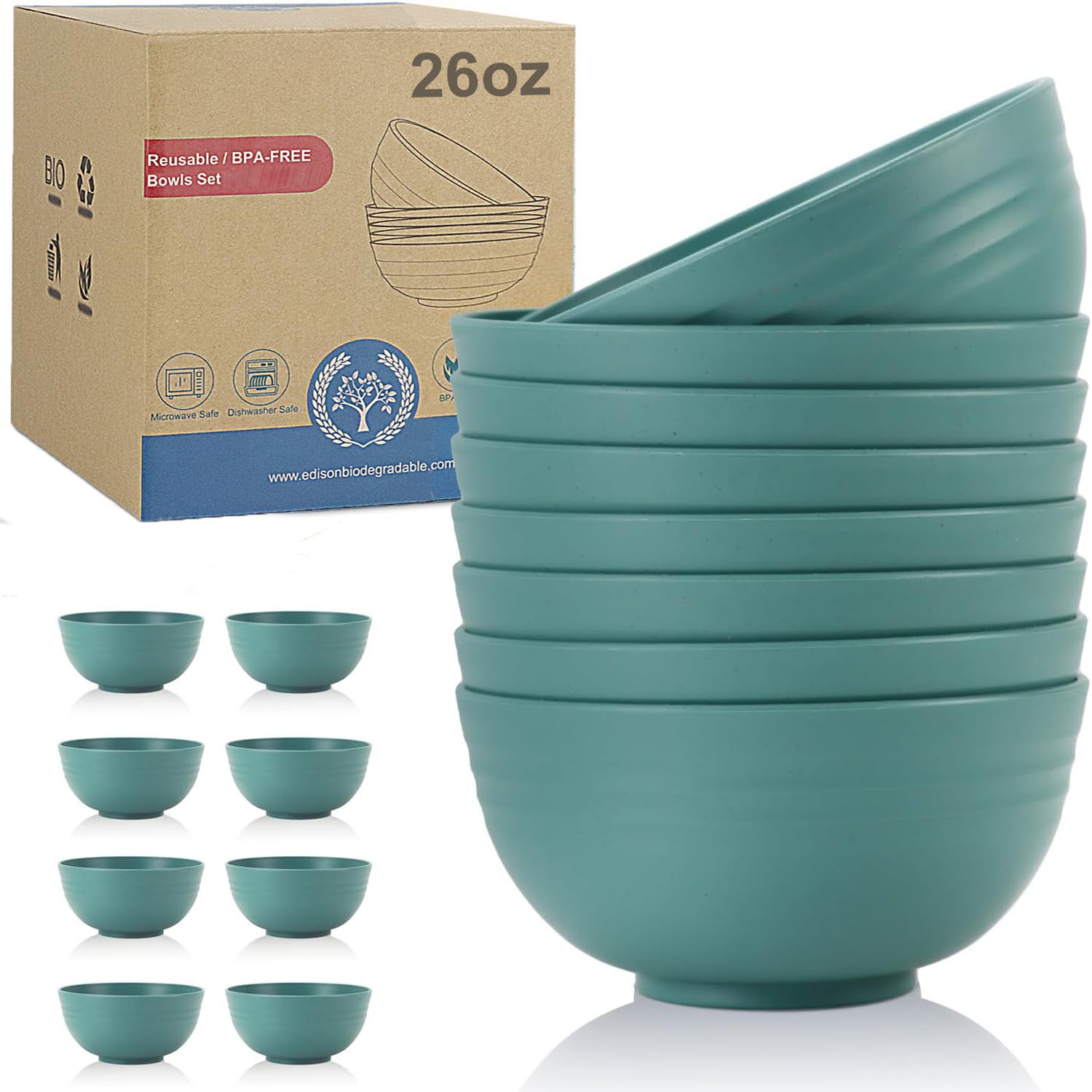 Wrova Reusable Plastic Bowl Sets 8 PCS Unbreakable Ramen Bowls 26 OZ Microwave and Dishwasher Safe Bowls, Suitable for Ramen, Cereal, Salad and Soup - GreenColors