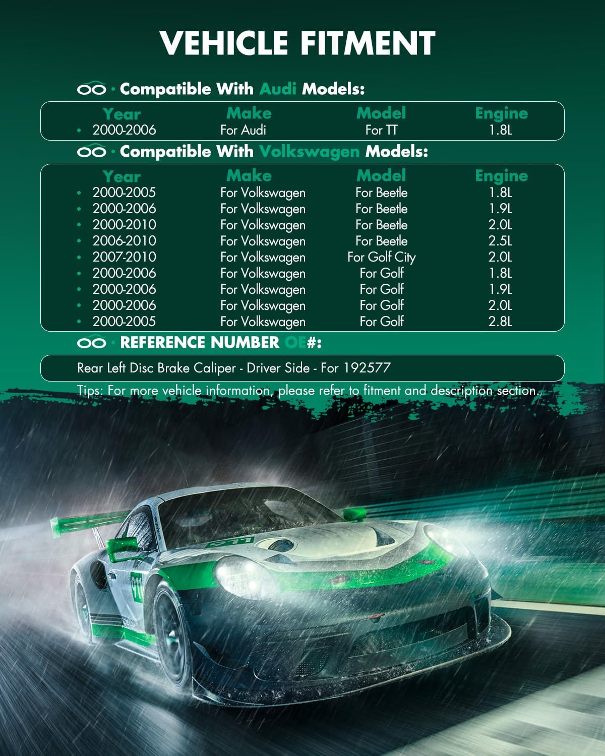 SCITOO Rear Left Brake Caliper Without Bracket 192577 Compatible For Audi For A3 1999-2003,For TT 2000-2006,For Volkswagen For Type 1 2000-2010,For Type 1 Cabrio 2010,For Golf 2000-2006,For R32 2003