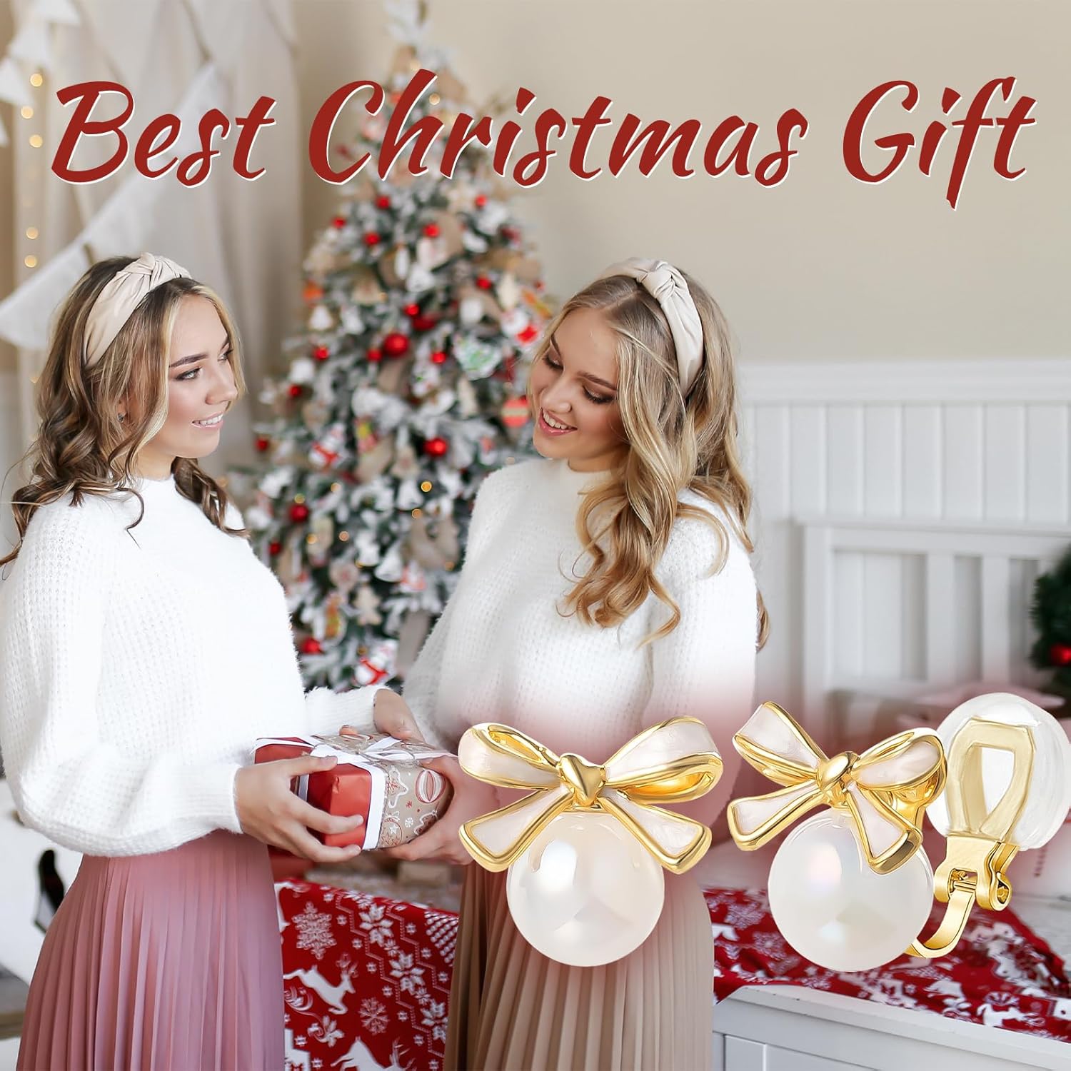 YOQUCOL Golden Bow Clip On Stub,Danle Drop Earrings for Women Simulated Pearl Christmas Xmas Bowknot Non Pierced Earrings - Image 7