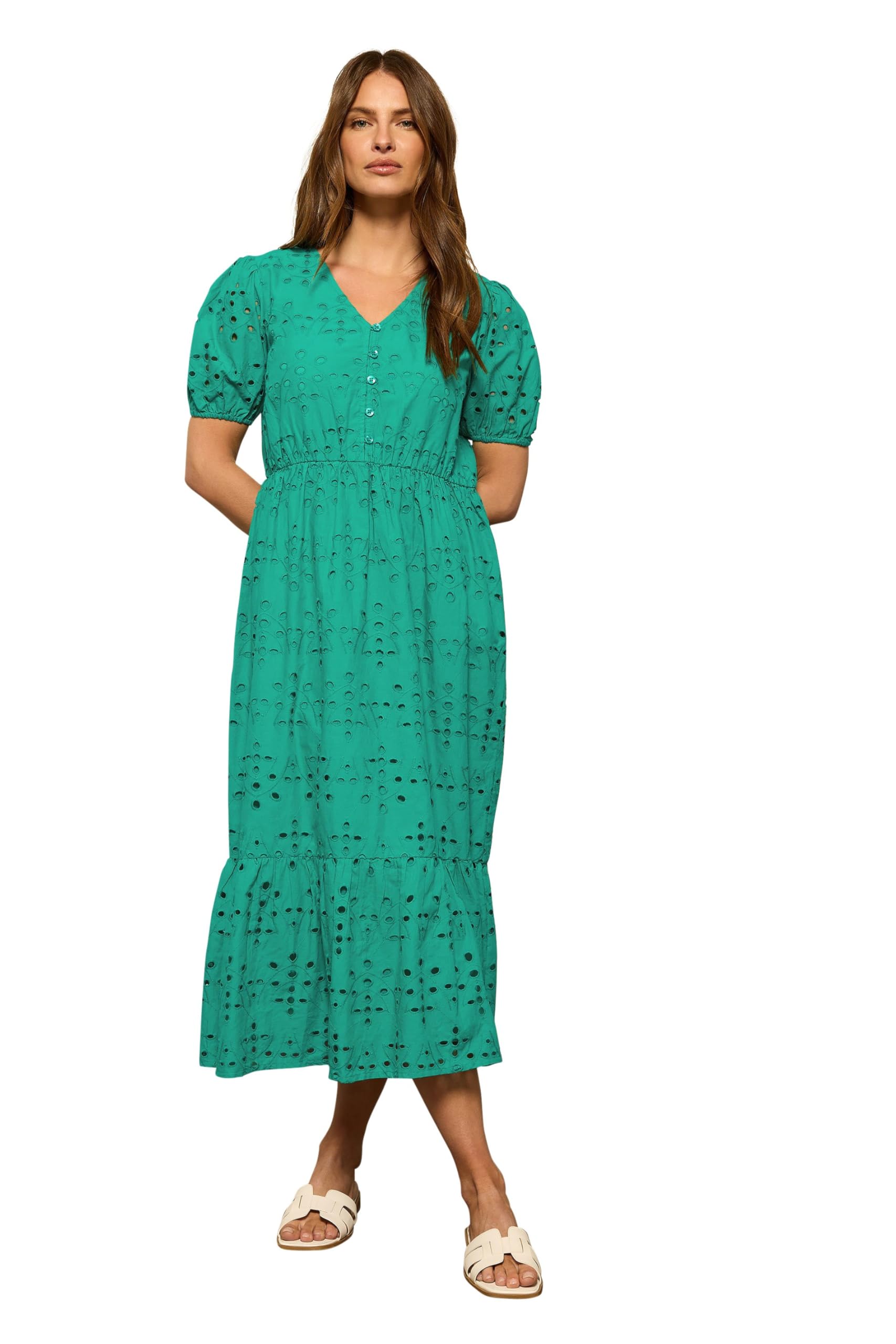 Women's Green M&Co M&Co Cotton Broderie Tiered Dress Size 14