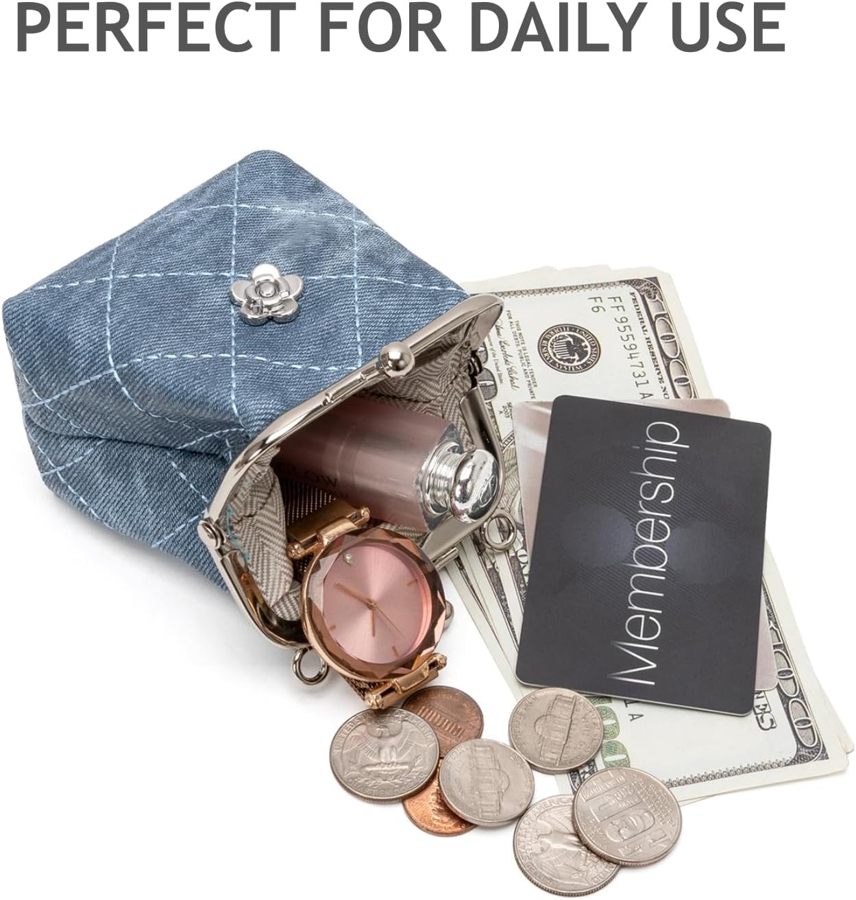 Quilted Kiss Lock Coin Purse with 2 Detachable Chains - Tiny Handbag, Wristlet, Shoulder Bag & Crossbody Bag for Women, Vintage Wallet, Mini Coin Pouch Small Change Purse (Denim Blue) - Image 4