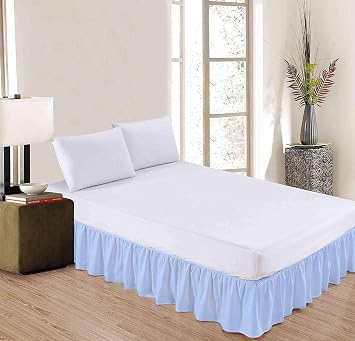 Light Blue Solid Ruffled Bed Skirt Queen-12 Inch Drop Split Corner, Microfiber Bedskirt with Platform Three Sided Coverage