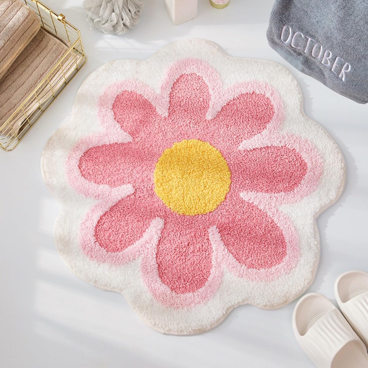Alfombra infantil para niña, suave, en forma de flor, mullida, bonita alfombrilla de baño, alfombrilla redonda con flores, lavable (color 10, 120 cm)