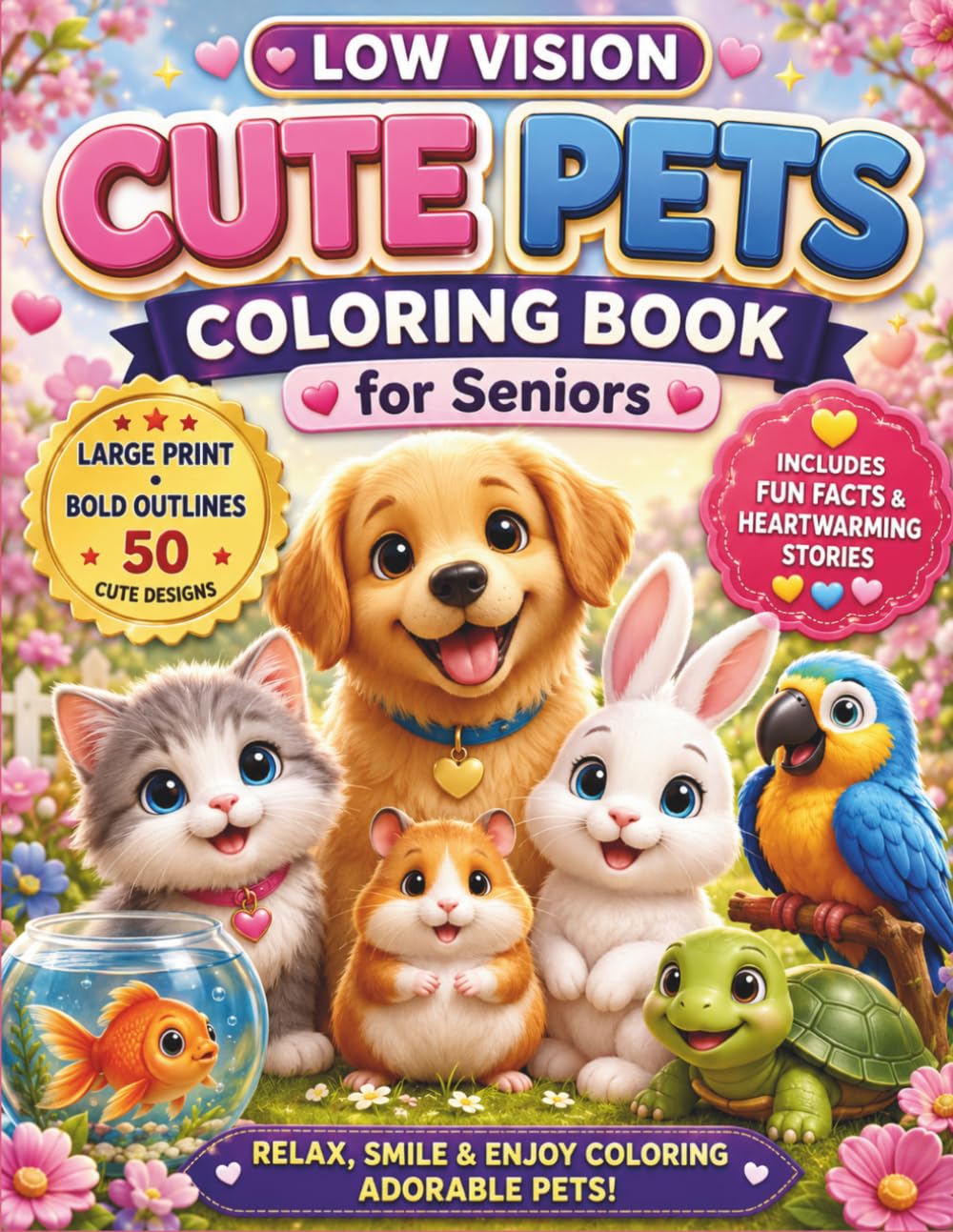 Low Vision Cute Pets Coloring Book for Seniors: Simple Large Print Dog, Cat, Bunny & Bird Designs with Bold Outlines for Relaxation and Stress Relief: ... for Seniors and Adults with Low Vision