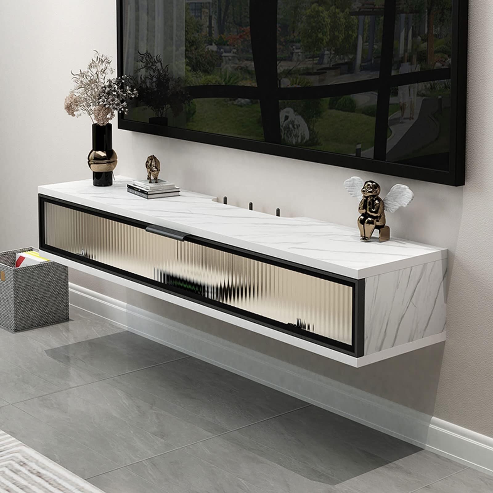 Console TV en bois blanc 2,12m avec meuble TV mural suspendu et étagère de rangement salon