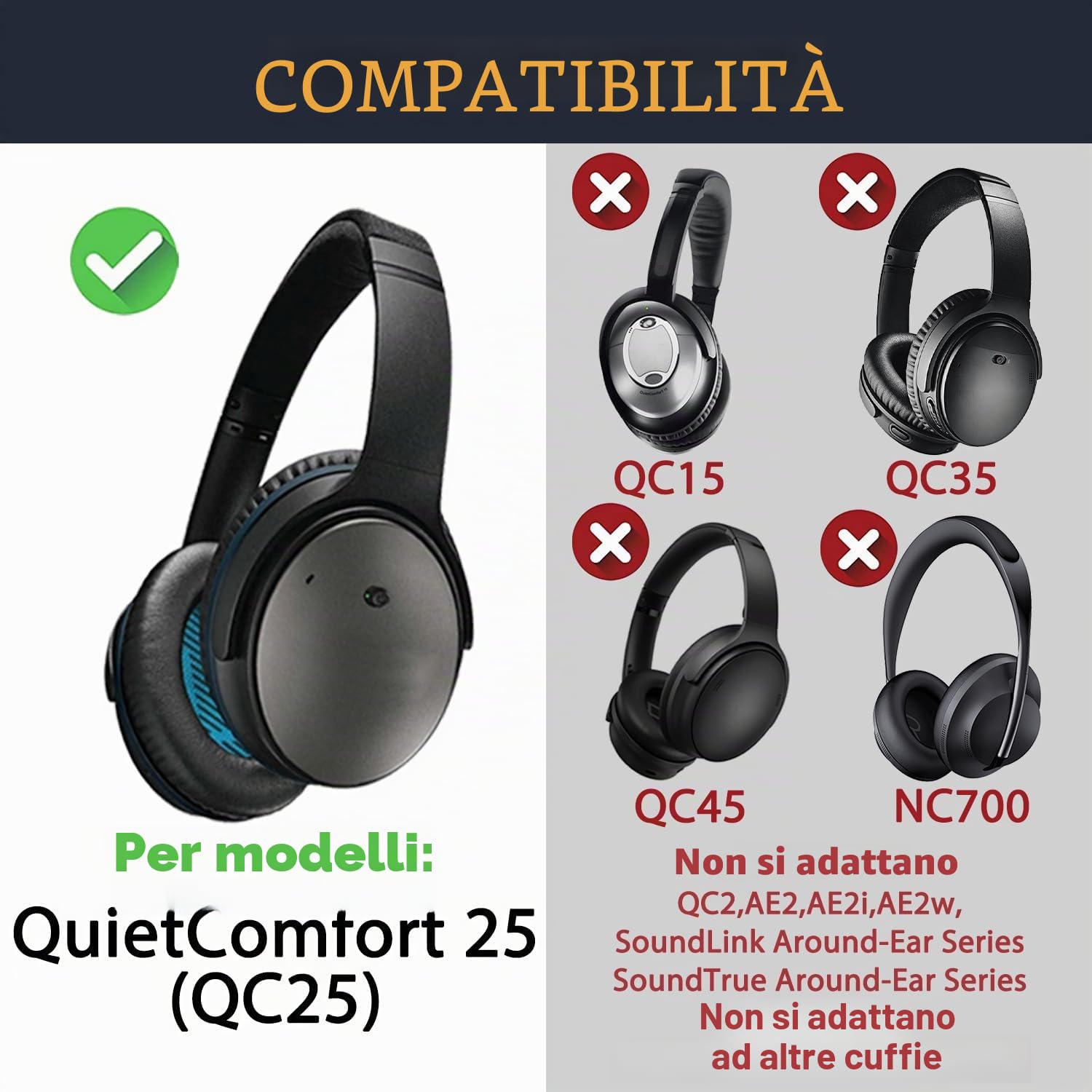 SOULWIT Cuscinetti auricolari+archetto+copriorecchie in silicone, kit di ricambio per Bose QuietComfort 25 (QC25) - Nero