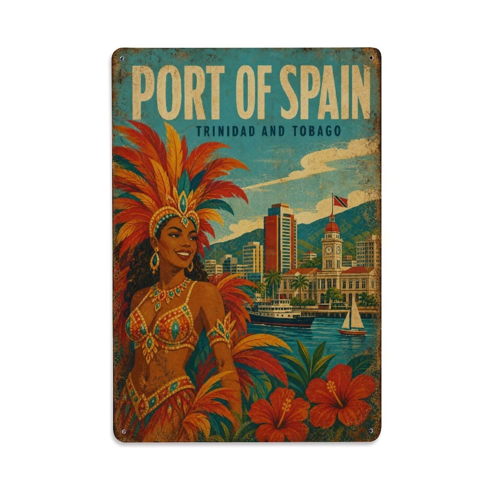 Travel Retro Trinidad And Tobago Port of Spain Metal Tin Sign