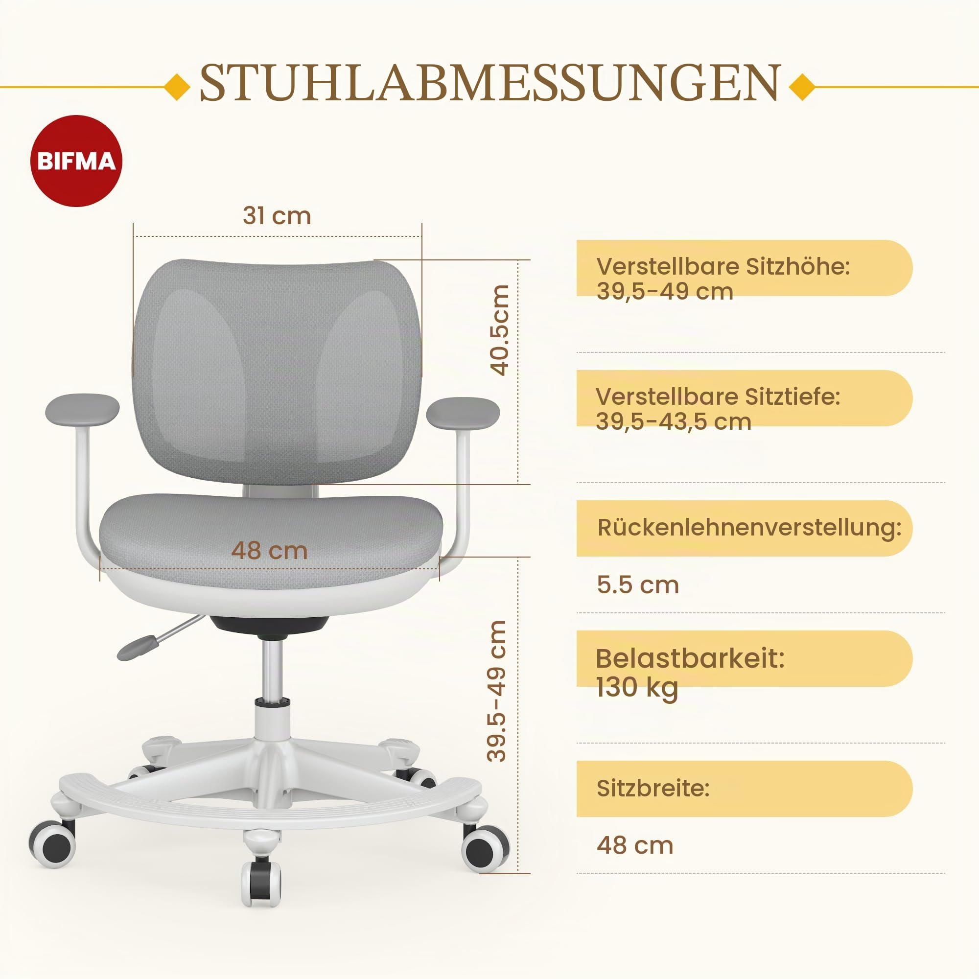 FLEXISPOT Kinderstuhl, Ergonomischer Kinder-Schreibtischstuhl mit Fußablage & Sicherheitsrollen, Höhenverstellbar, Atmungsaktive Rückenlehne, Abnehmbares Kissen, Für Kinder von 3–15 Jahren, Grau