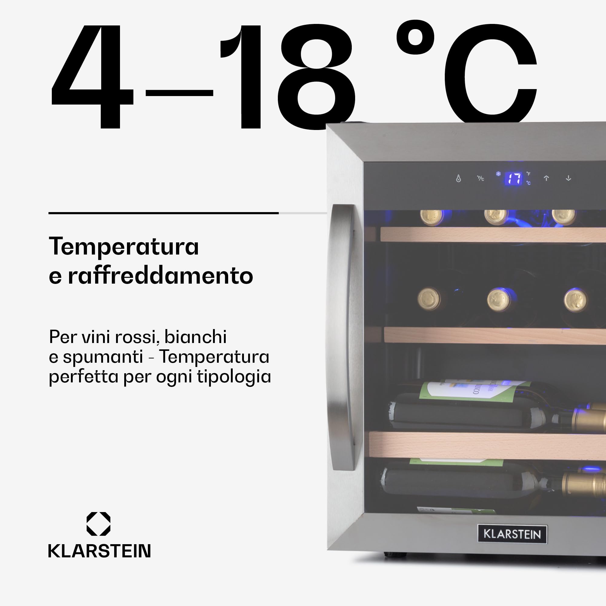 KLARSTEIN Cantinetta Vino, Cantinetta Vino Refrigerata a Zona Singola per Interno/Esterni, Frigo Bar, Cantina Vino con Vetrina, Mini Bar con Protezione UV, Frigo Vino Touch, 4-18°C, 12 Bottiglie