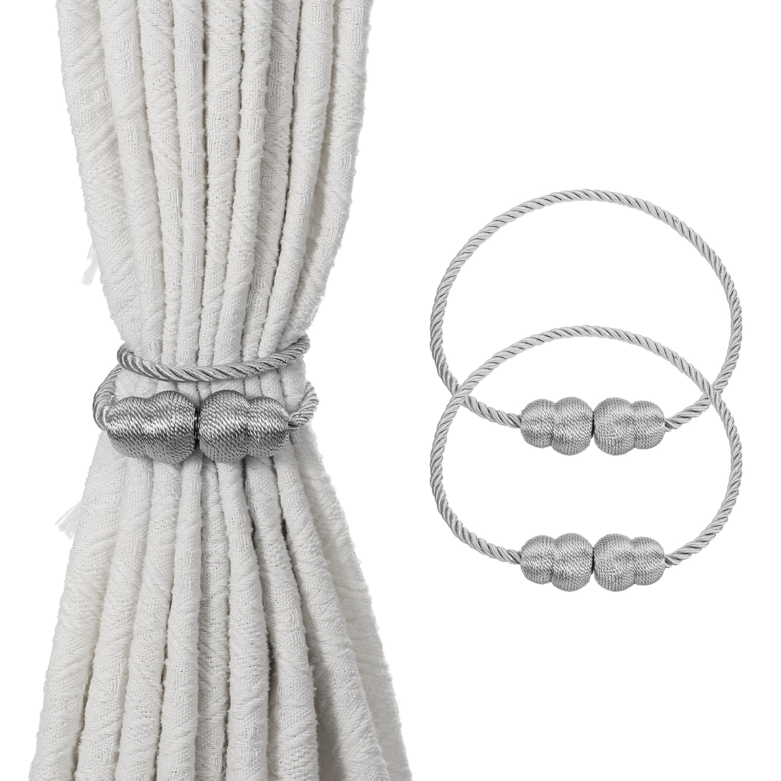 sourcing map 2Pcs Magnetic Curtain Tiebacks, Elegant Weave Curtain Tie Backs Decorative Window Treatment Holdbacks for Drape Home Bedroom Living Room Office Decoration, Silver Grey