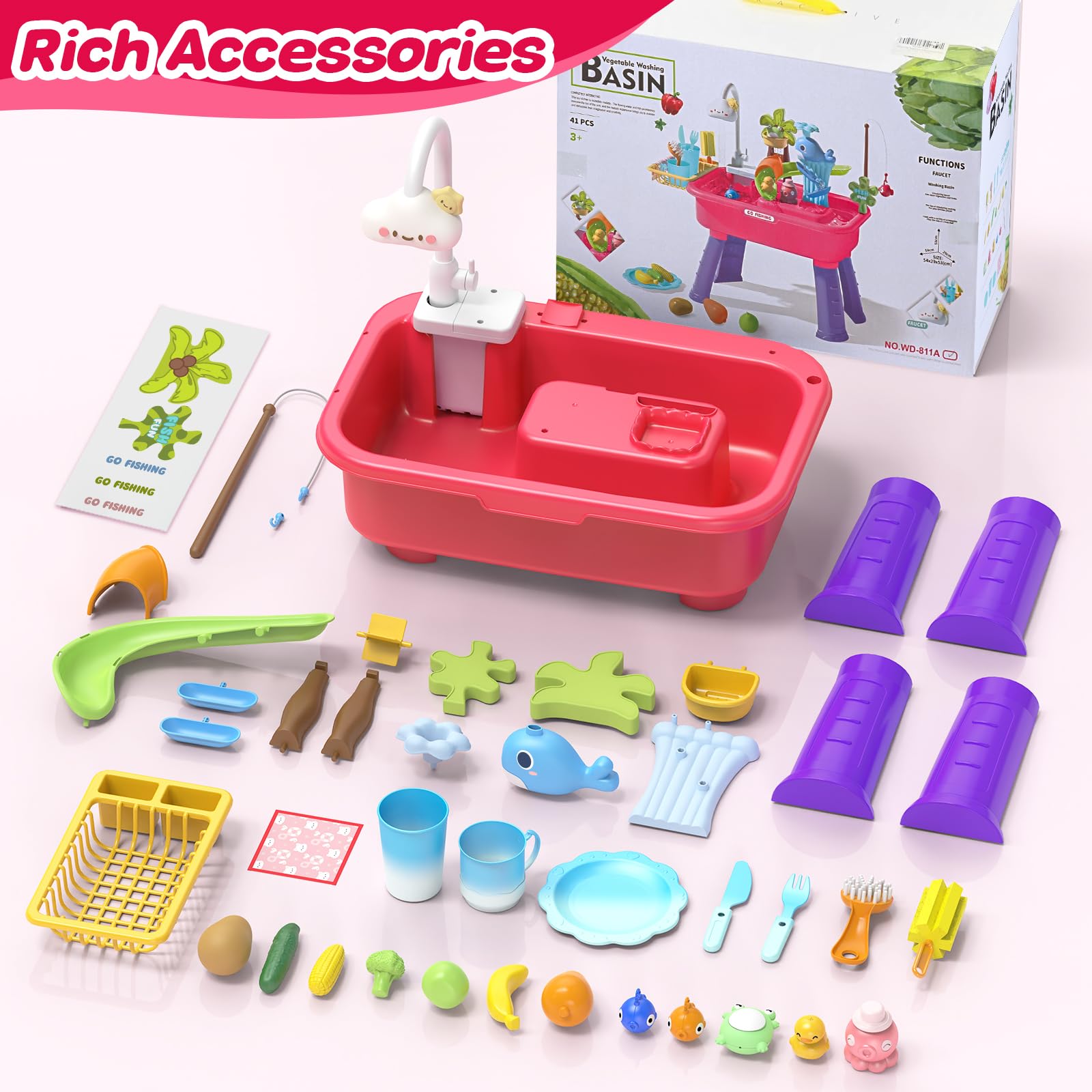 Juguetes de fregadero de cocina que cambian de color con agua corriente para niños, juguete eléctrico 4 en 1 con animales, alimentos, accesorios de vajilla, juguete de cumpleaños para niños y niñas 6