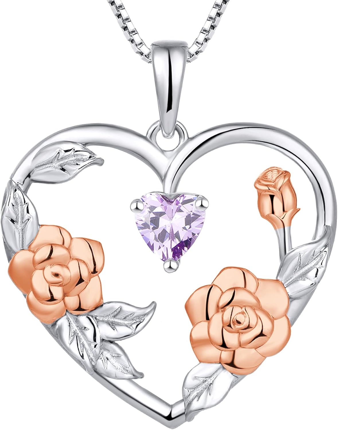 YL Women's Birth Flower Necklace 925 Sterling Silver Love Heart Pendant Gemstones Jewelry