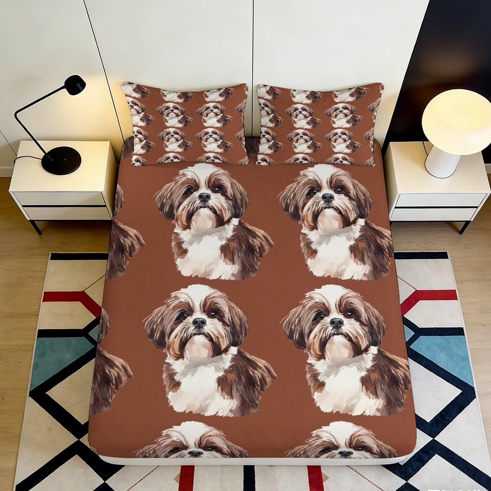 3D Printed Shih Tzu Dog Pattern Fitted Sheet Microfiber Brown Bed Cover Non-slip Washable for Bedroom Guest Room 90x200x25cm