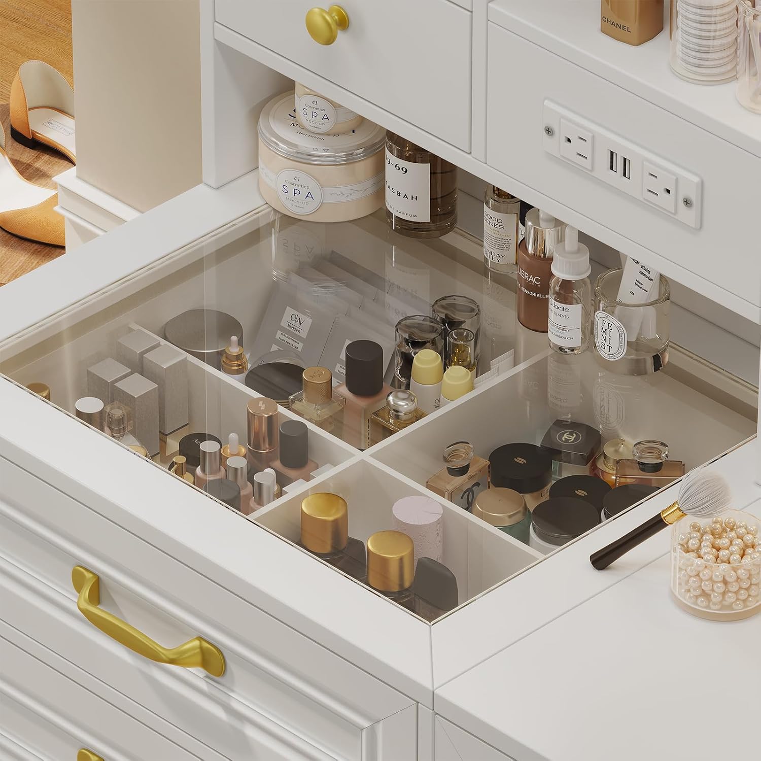 Vanity Desk with Mirror & Lights, Upholstered Stool & Power Outlet, Makeup Vanity Set with Glass Top Drawers, Shelves & Cabinets, Modern White & Gold