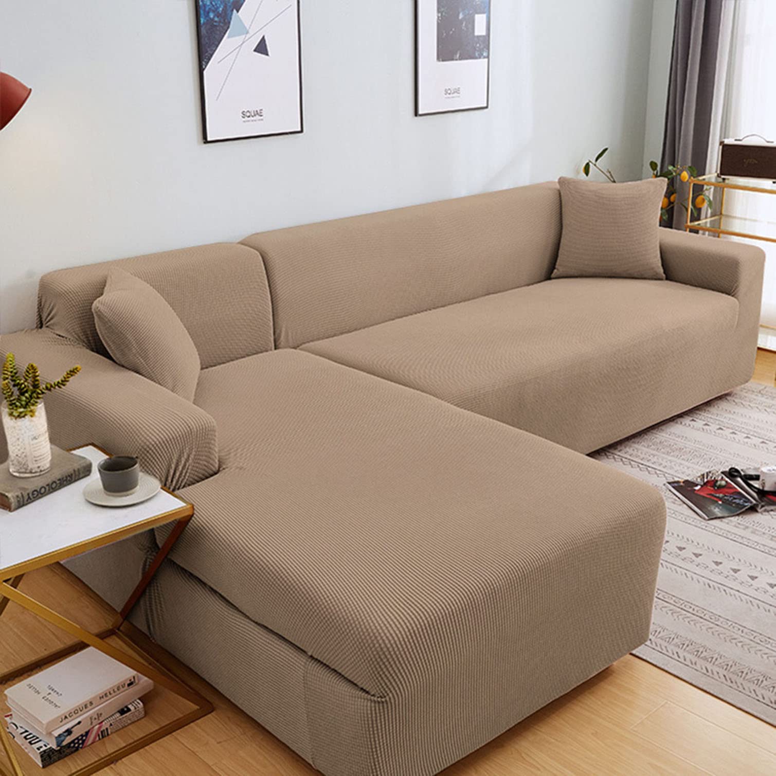 DFVEKYOW Stretch Sectional Sofa Cover L Shape Sofa Slipcovers Fabric Furniture Protector with Elastic Bottom Couch Covers for Living Room -brown-2 Seater(145-185cm)