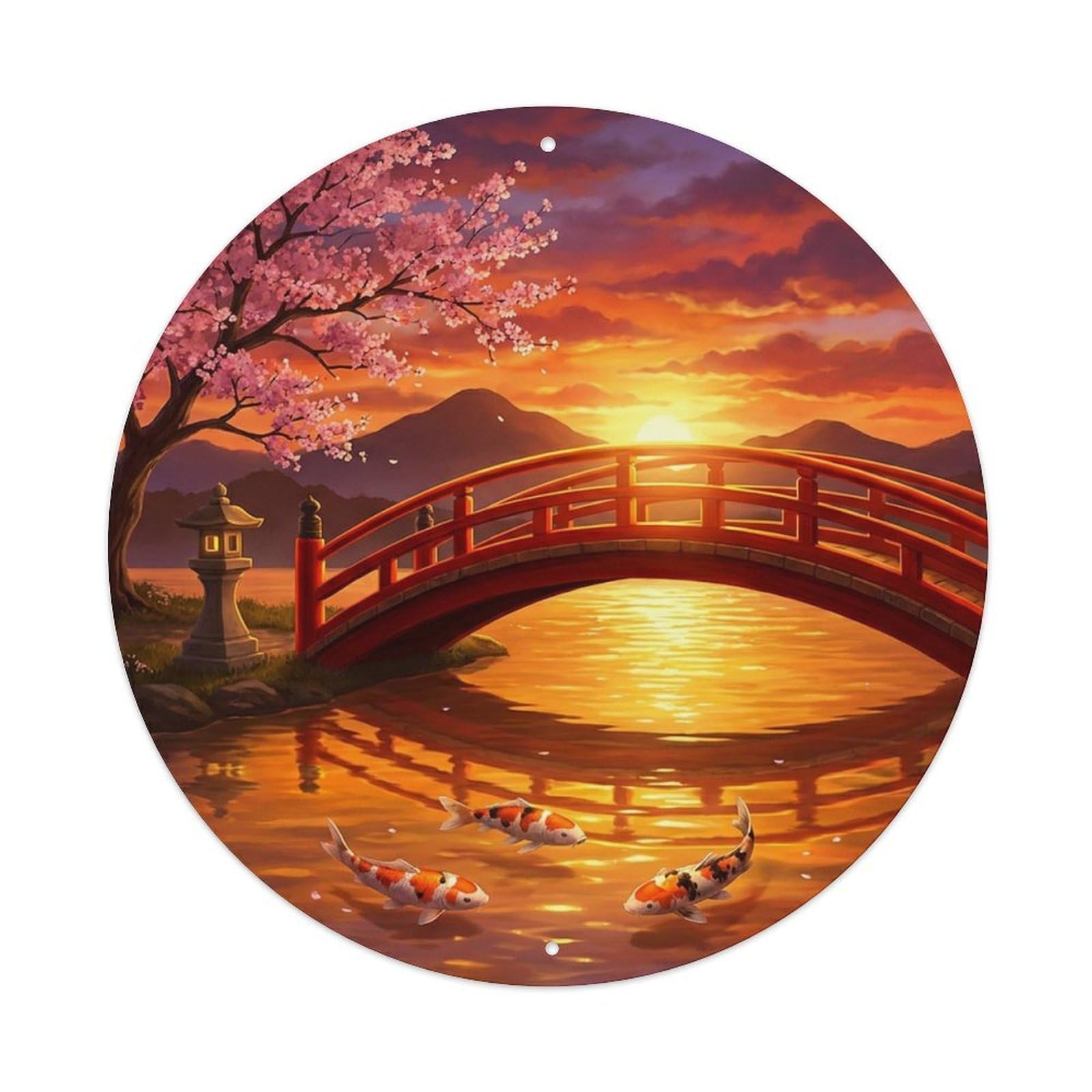 Koi Garden Bridge Pond Water Sunset Reflection Vintage Metal Tin Sign Plaque Wall Decor for Cafe, Man Cave, Club Bar, Office, Home Garden Round Metal Poster 8x8Inch