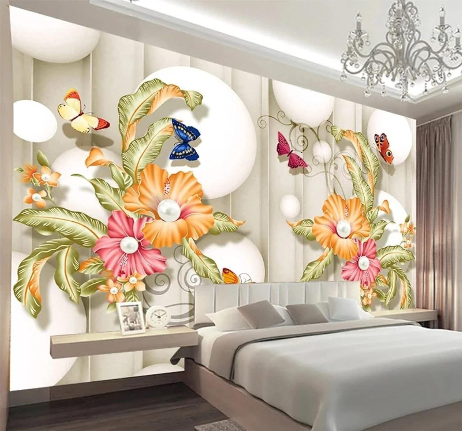 XLMING Creative Beautiful Flowers Butterflies Spheres 3D Wallpaper Luxury Home Dining Decor Paste Sofa Living Room The Wall for Bedroom Mural-150cm×105cm