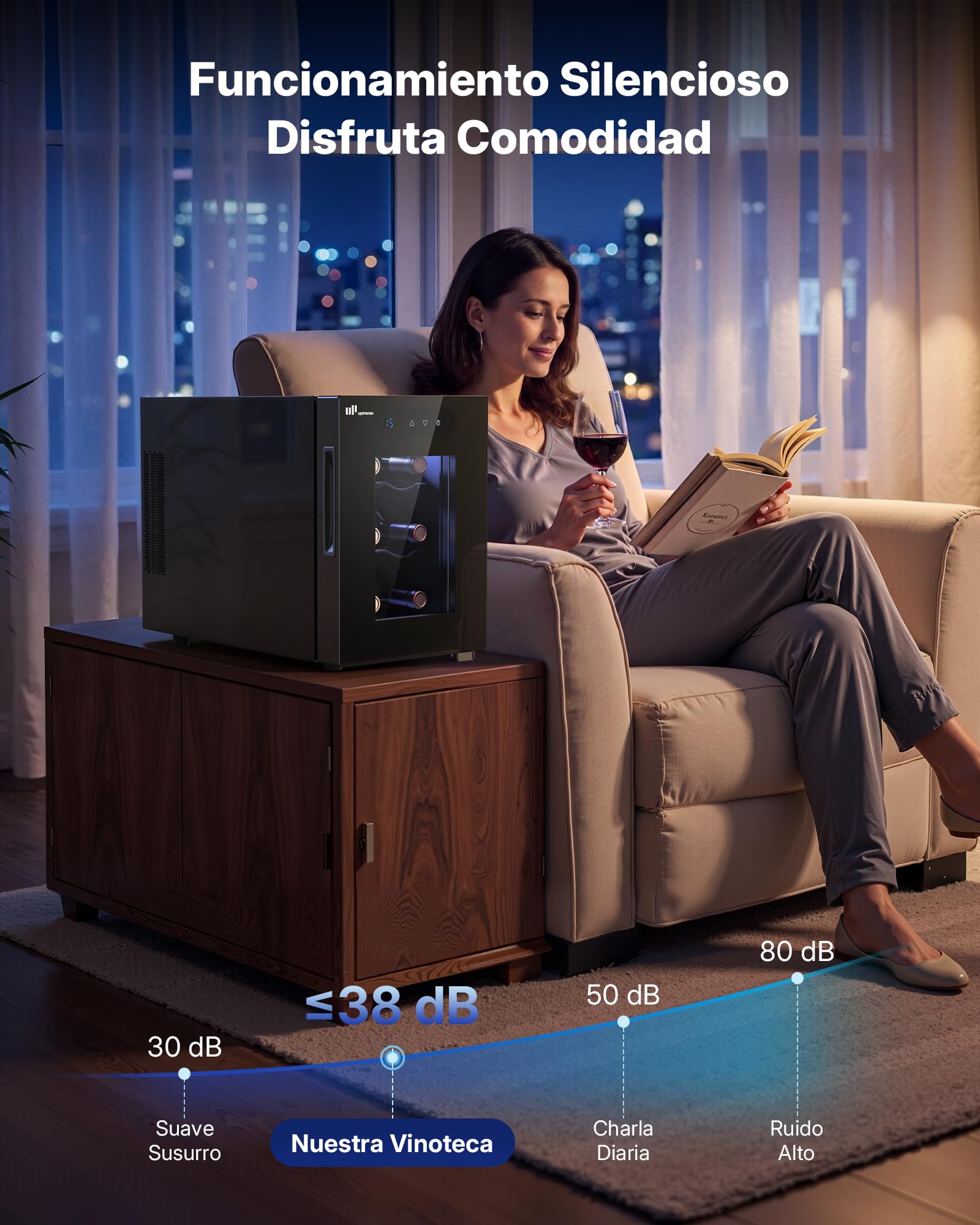 Upstreman Vinoteca para 6 botellas, 5-18 °C ajustable, pantalla táctil digital, silenciosa, doble cristal térmico anti-UV, iluminación LED | 5-18 °C ajustable, pantalla táctil digital, silenciosa, doble cristal térmico anti-UV, iluminación LED