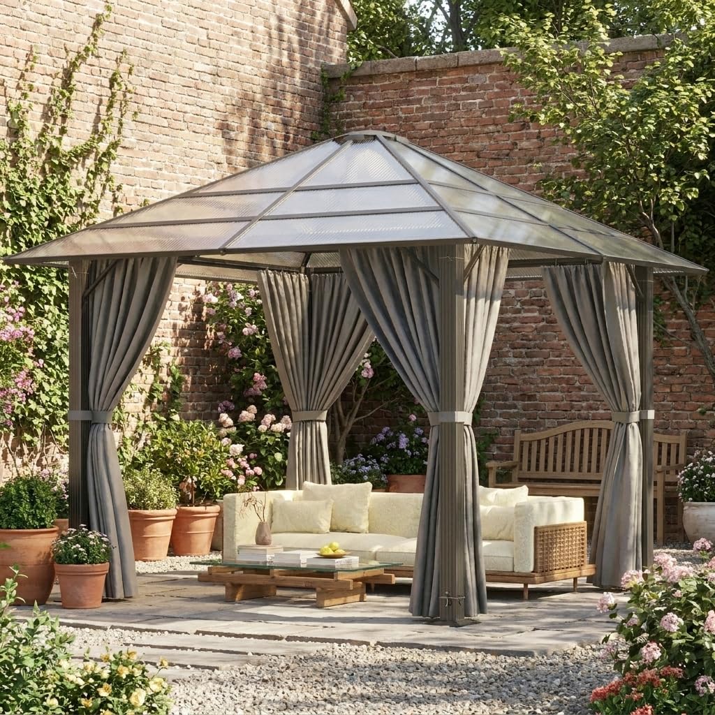 JUMMICO Padiglione da Giardino 3x3m in Alluminio con Tetto Fisso - Design per Ombreggiatura di Giorno e Atmosfera Luminosa di Sera - Stabile e Resistente alle Intemperie