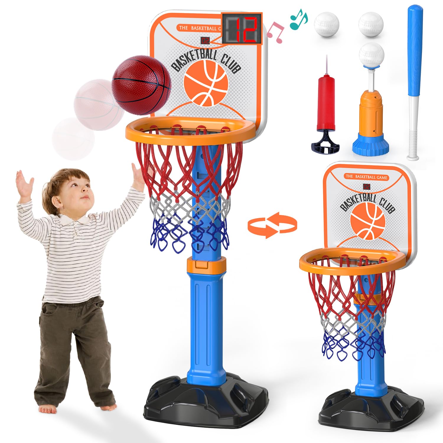 2 in 1 Kids Basketball Hoop and T Ball Set - Electronic Scoreboard,Height Adjustable,Kids Baseball Tee with Automatic Pitching Machine, Indoor Outdoor Sport Toys Gifts for Toddler Age 3 4 5 6
