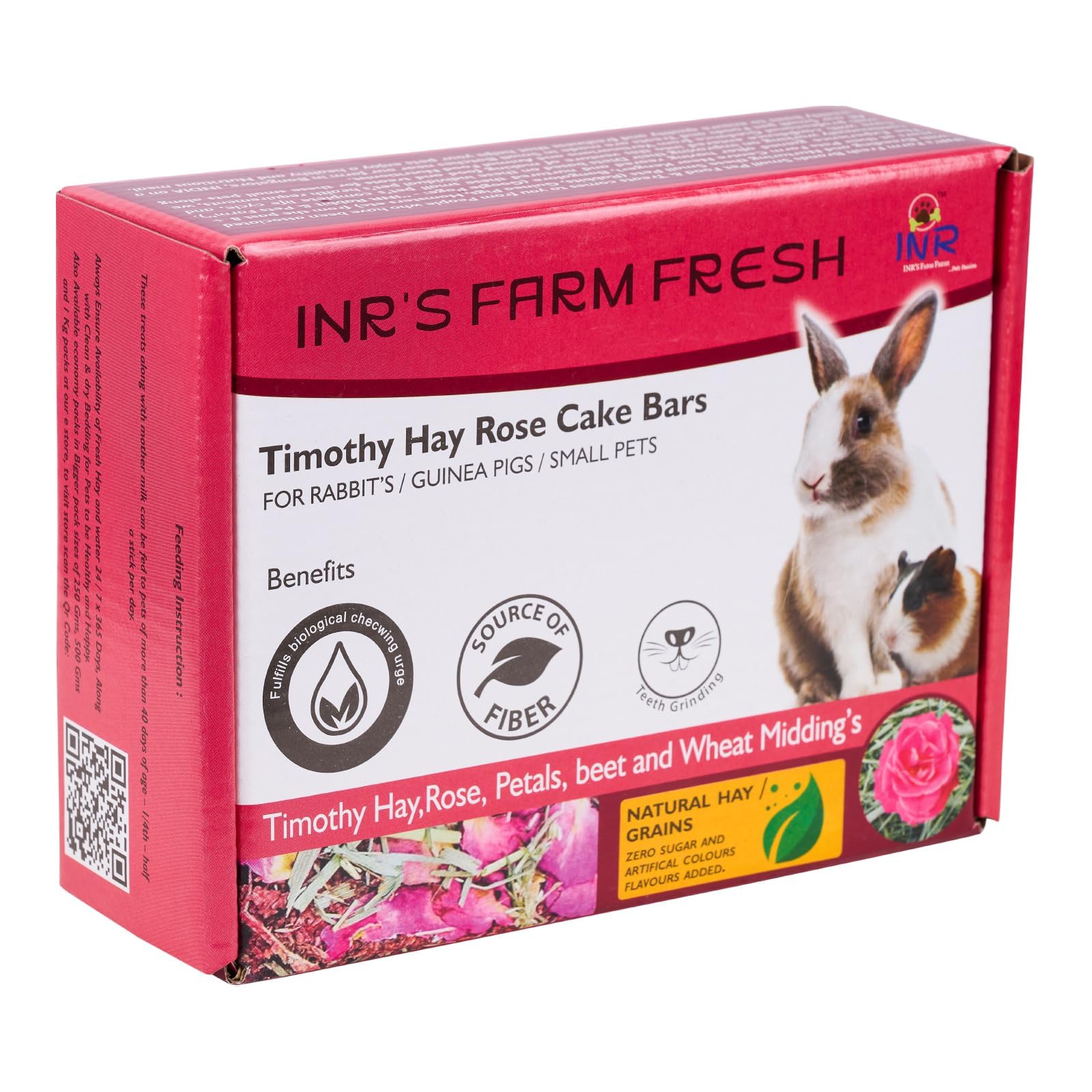 INR's Farm Fresh Timothy Rose Treat Cake Bars for Rabbits, Guinea Pigs & Small Pets – Pack of 2 (125g x 2) | High-Fiber Natural Snacks for Dental Health & Digestion | Premium Small Pet Food in India