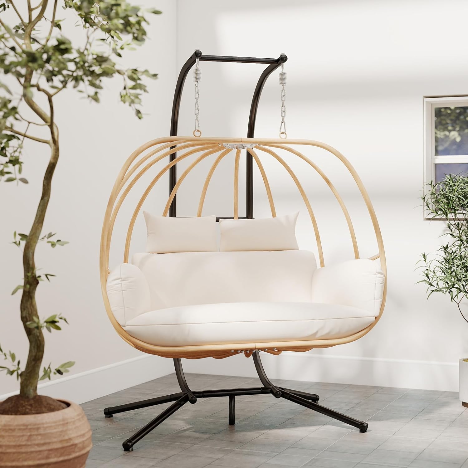 Hanging Chairs with Stand, All Weather Double Egg Chair Outdoor, Metal Hanging Egg Chairs Outdoor, 2 Person Oversized Swing Egg Chair, Modern Balcony Basket Loveseat for Indoor/Deck, Beige