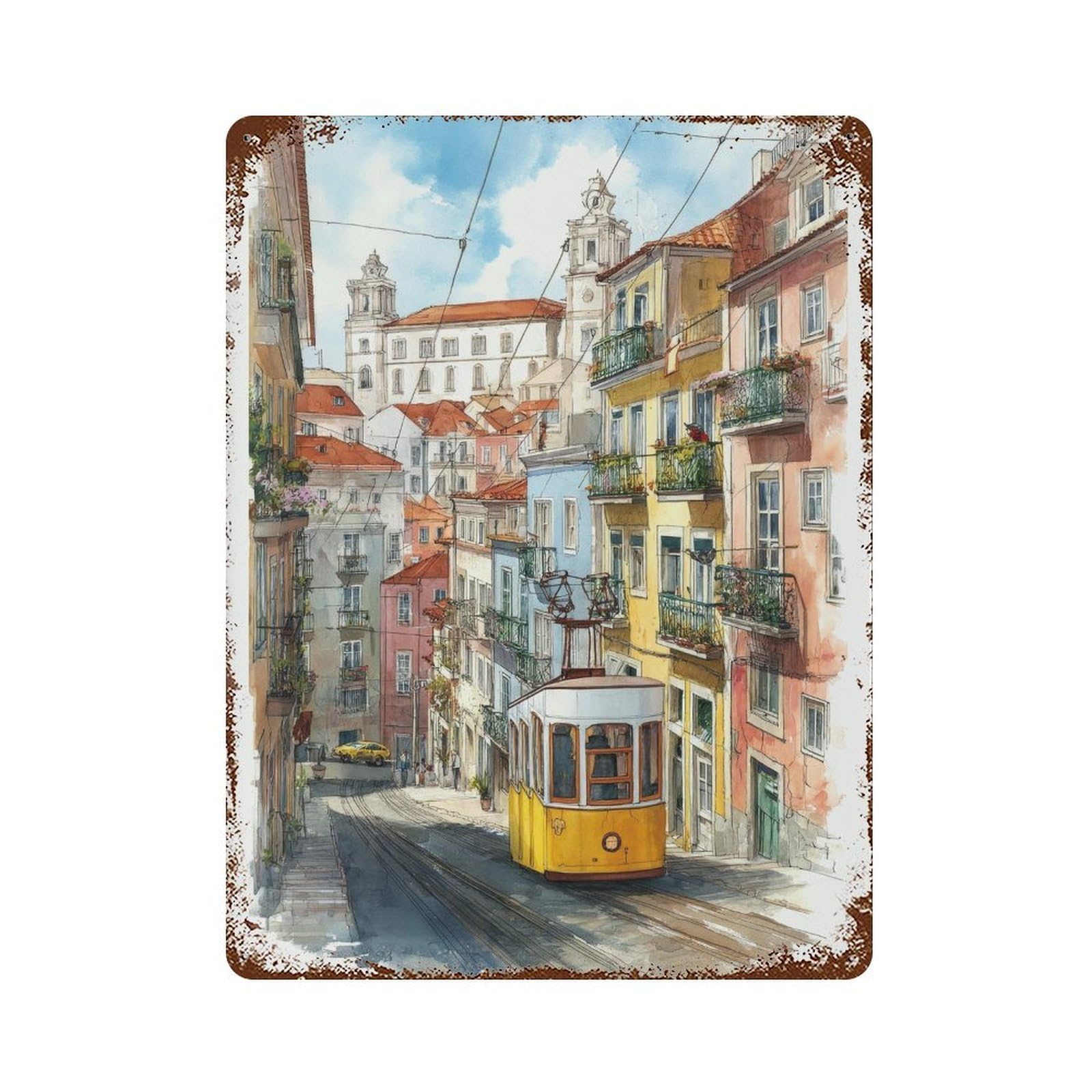 xiaoxiaoshen Lisbon Portugal Watercolor Historic Tram Travel Wall Decor Art Metal Tin Poster Modern Home Decor Art Home Bar Shop Decorations Vintage Sign 40x30cm