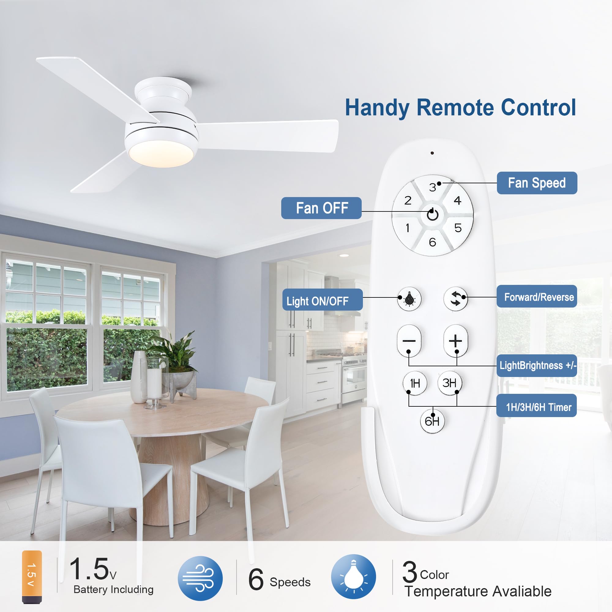 42 Inch Ceiling Fans with Lights and Remote White Low Profile Ceiling Fan with Light Flush Mount Reversible — view 6