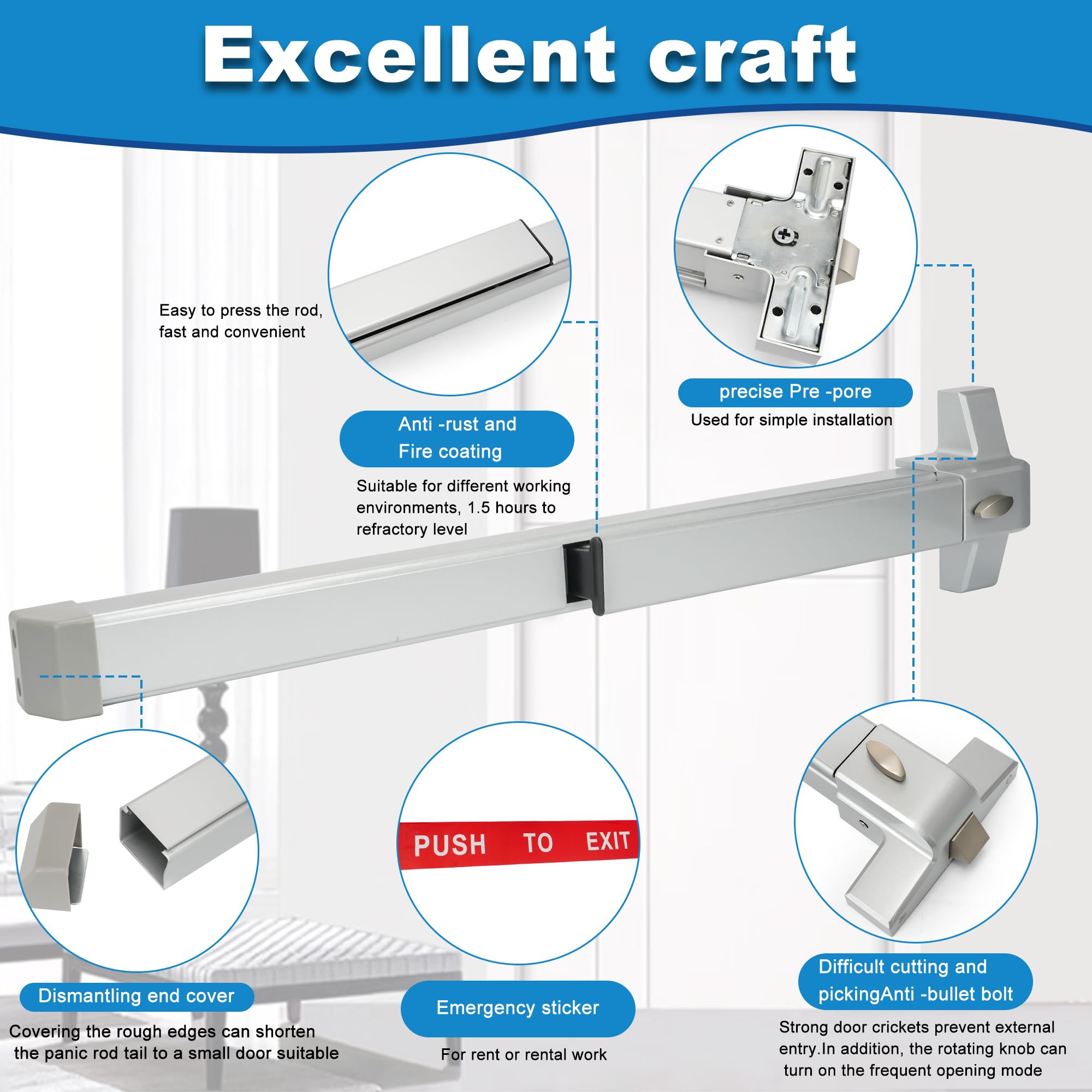 suermany 27.5" Push Bar Panic Exit Device for Commercial Doors - Hardware Lock for Wood and Metal Doors, Silver, Door push bar - Image 3
