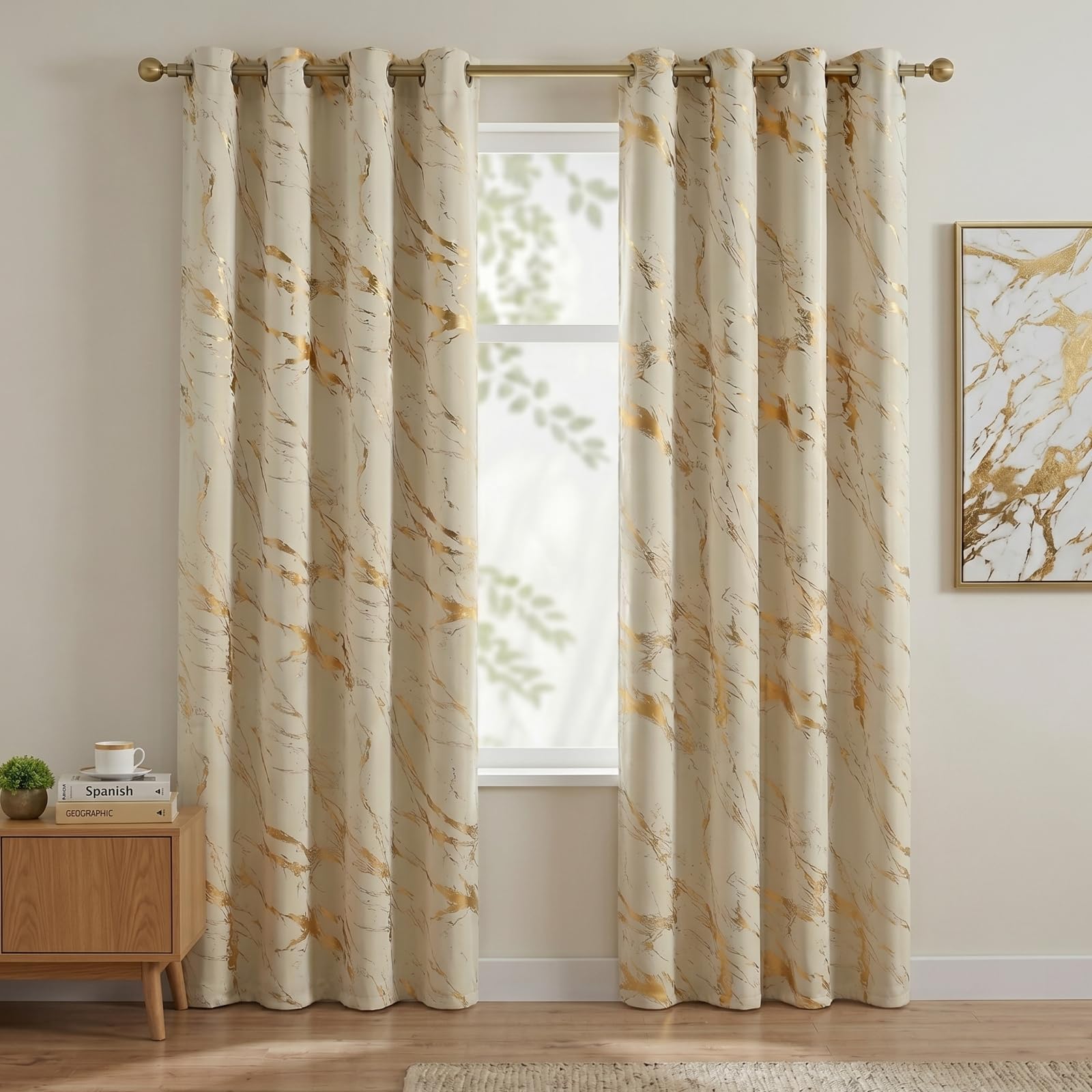 Gazal Vole Beige and Gold Curtains with Marble Print, 85-95% Room Darkening Eyelet Curtains, 63 inch Drop, Modern Thermal Insulated Drapes for Living Room Bedroom Office, 2 Panels